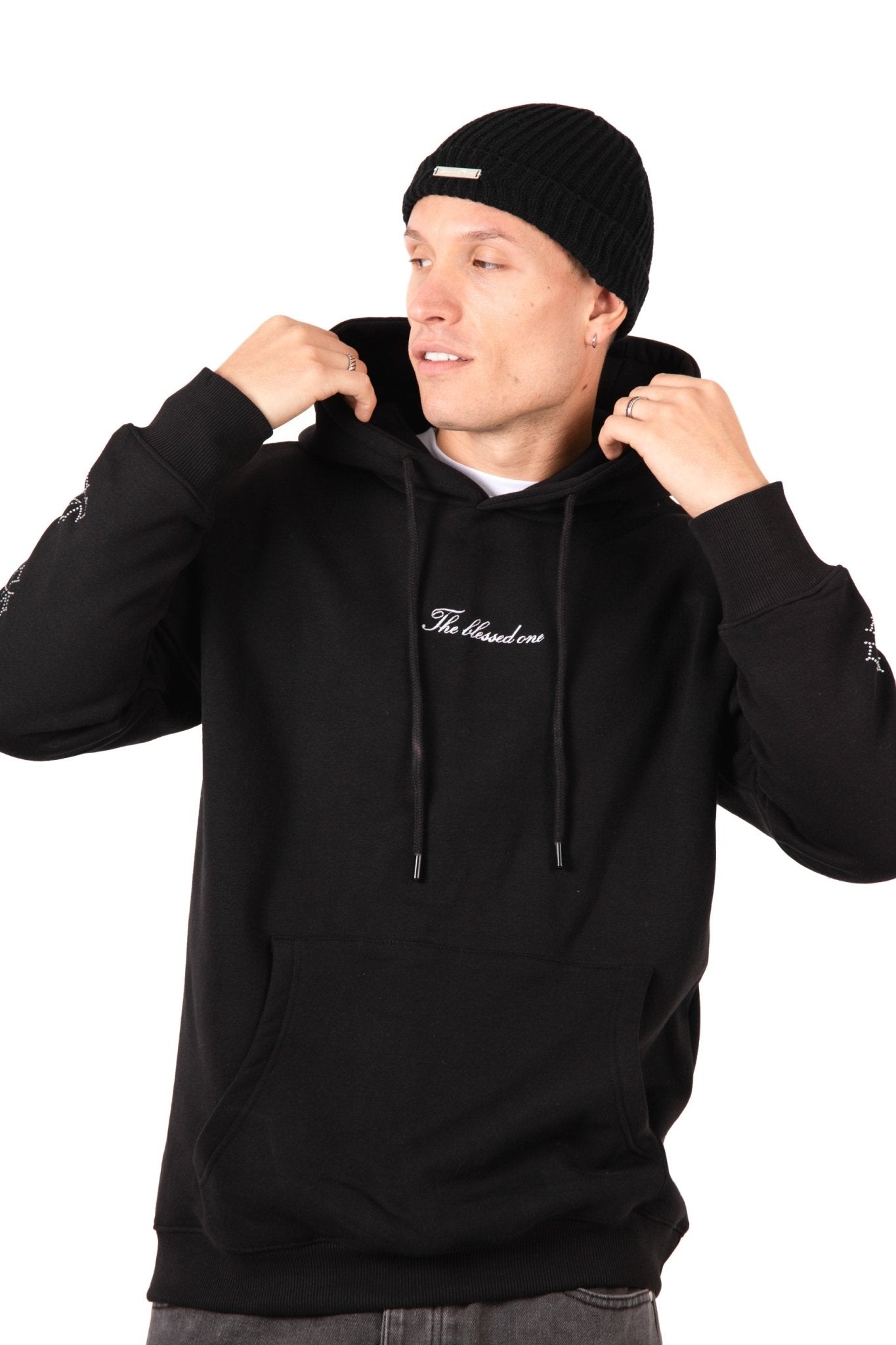 Liquor N Poker Black Rhinestone Embellished 'Blessed' Motif Hoodie - Liquor n Poker