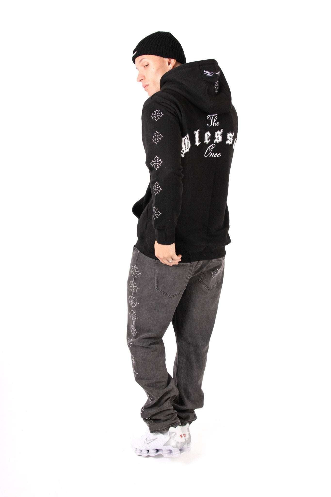 Liquor N Poker Black Rhinestone Embellished 'Blessed' Motif Hoodie - Liquor n Poker