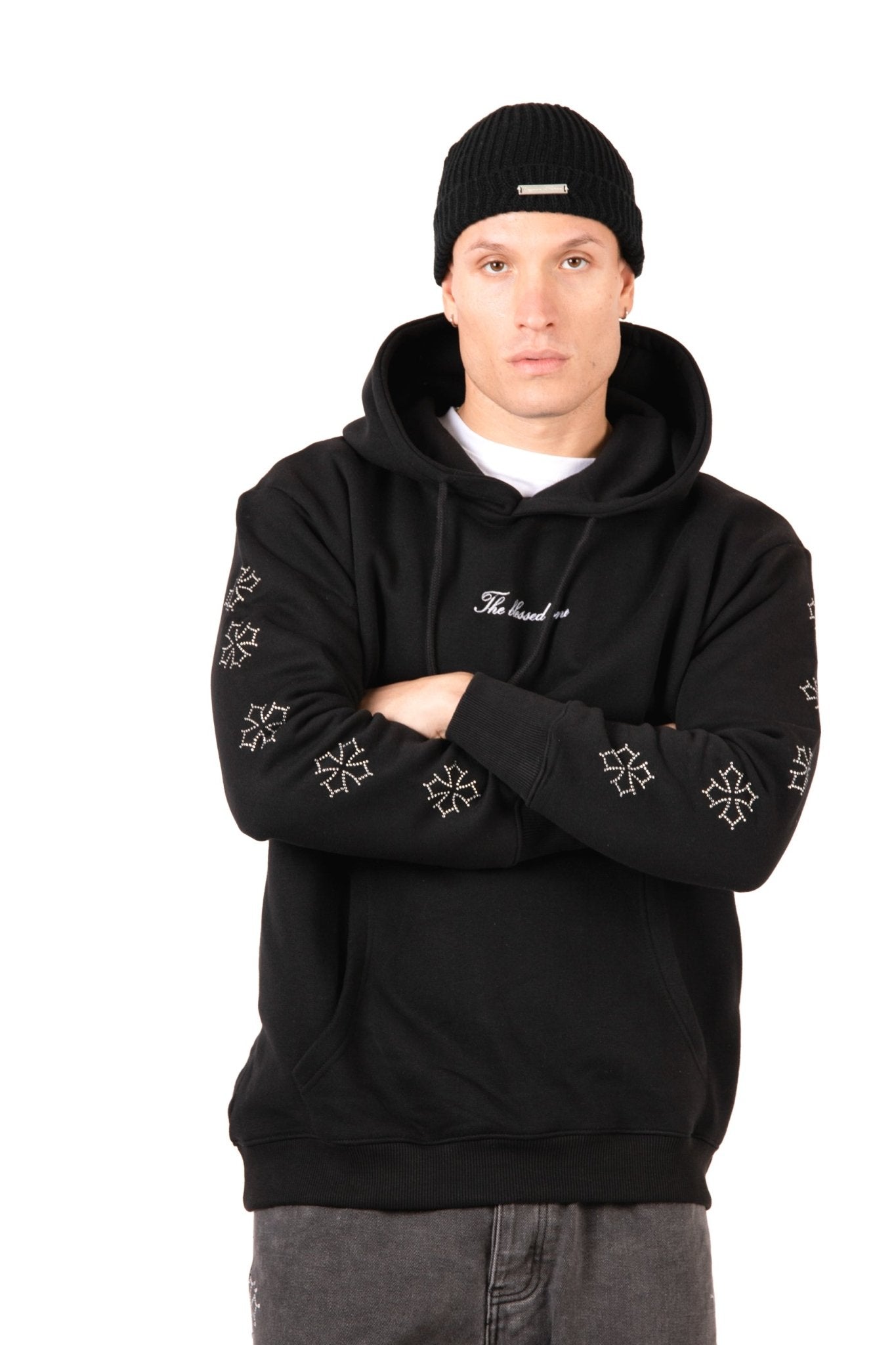 Liquor N Poker Black Rhinestone Embellished 'Blessed' Motif Hoodie - Liquor n Poker