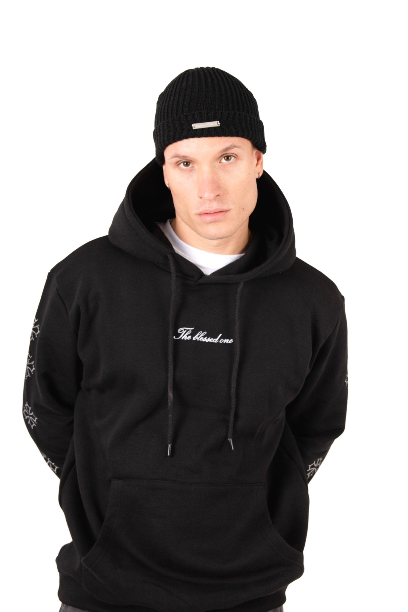 Liquor N Poker Black Rhinestone Embellished 'Blessed' Motif Hoodie - Liquor n Poker