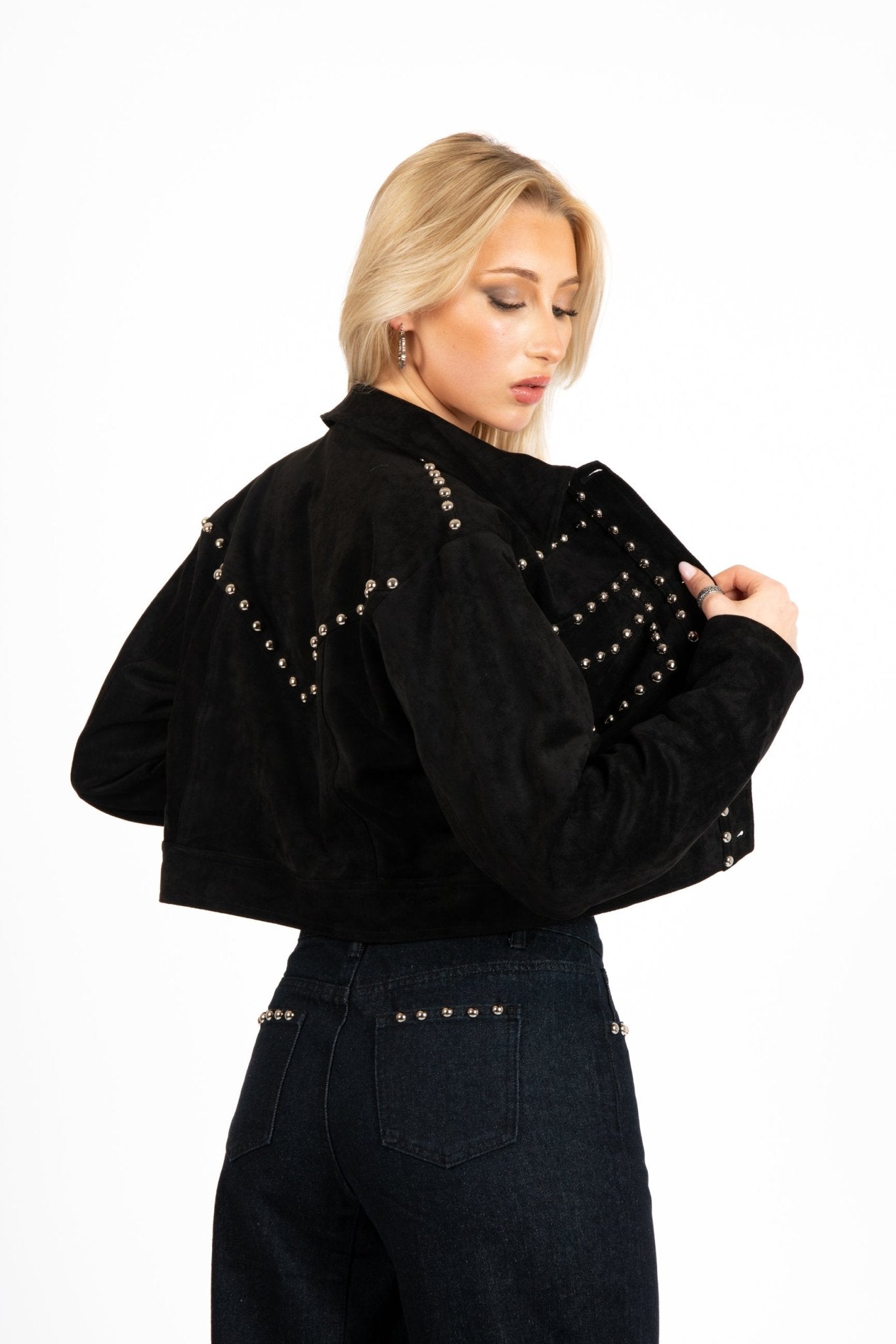 Liquor N Poker Black Suede Stud Detail Crop Jacket – Lightweight Layering - Liquor n Poker