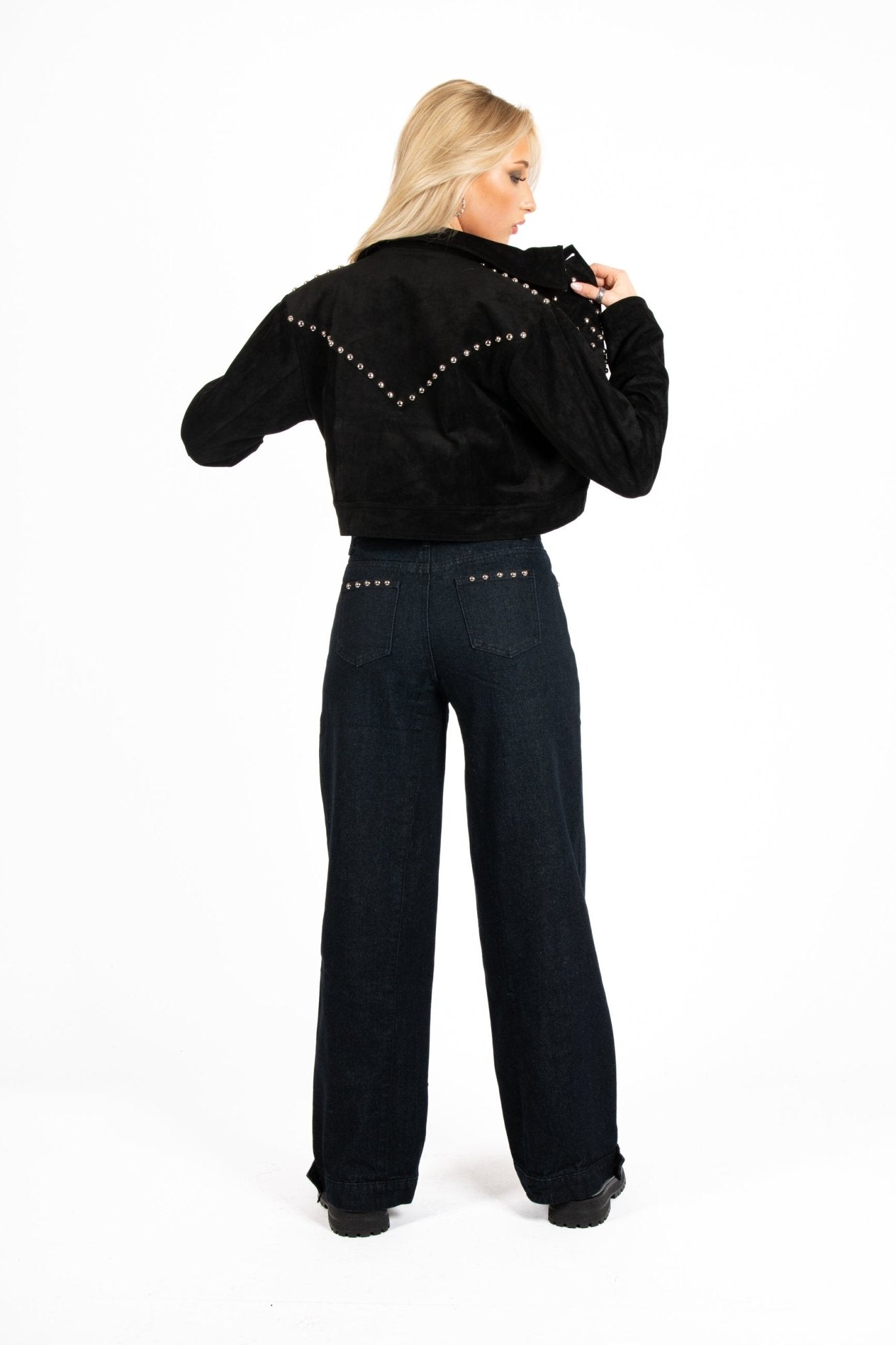 Liquor N Poker Black Suede Stud Detail Crop Jacket – Lightweight Layering - Liquor n Poker