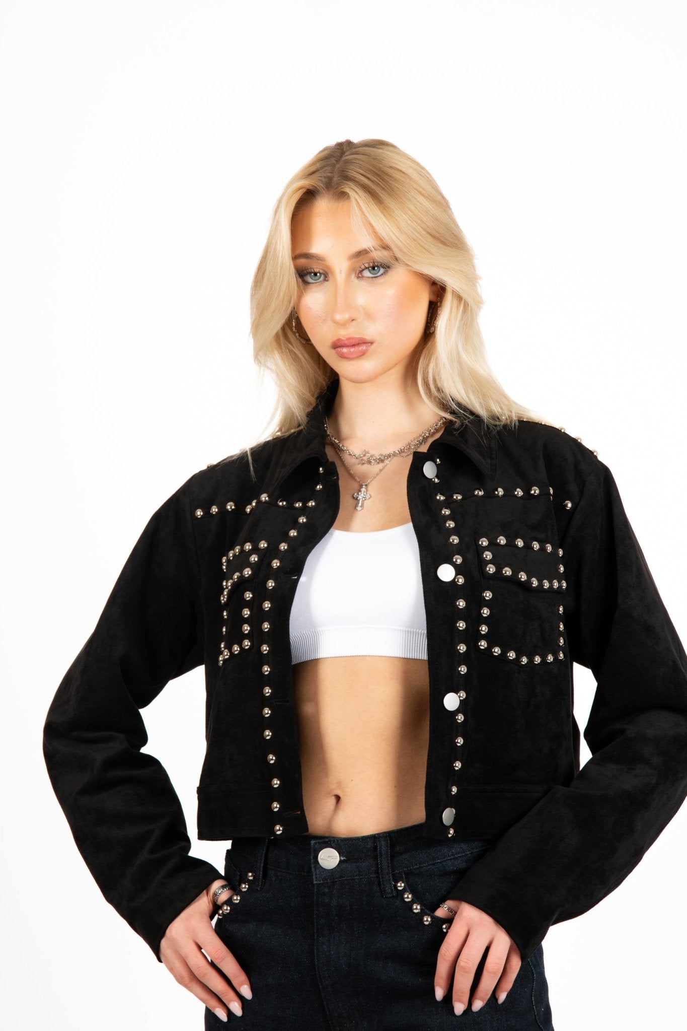 Liquor N Poker Black Suede Stud Detail Crop Jacket – Lightweight Layering - Liquor n Poker
