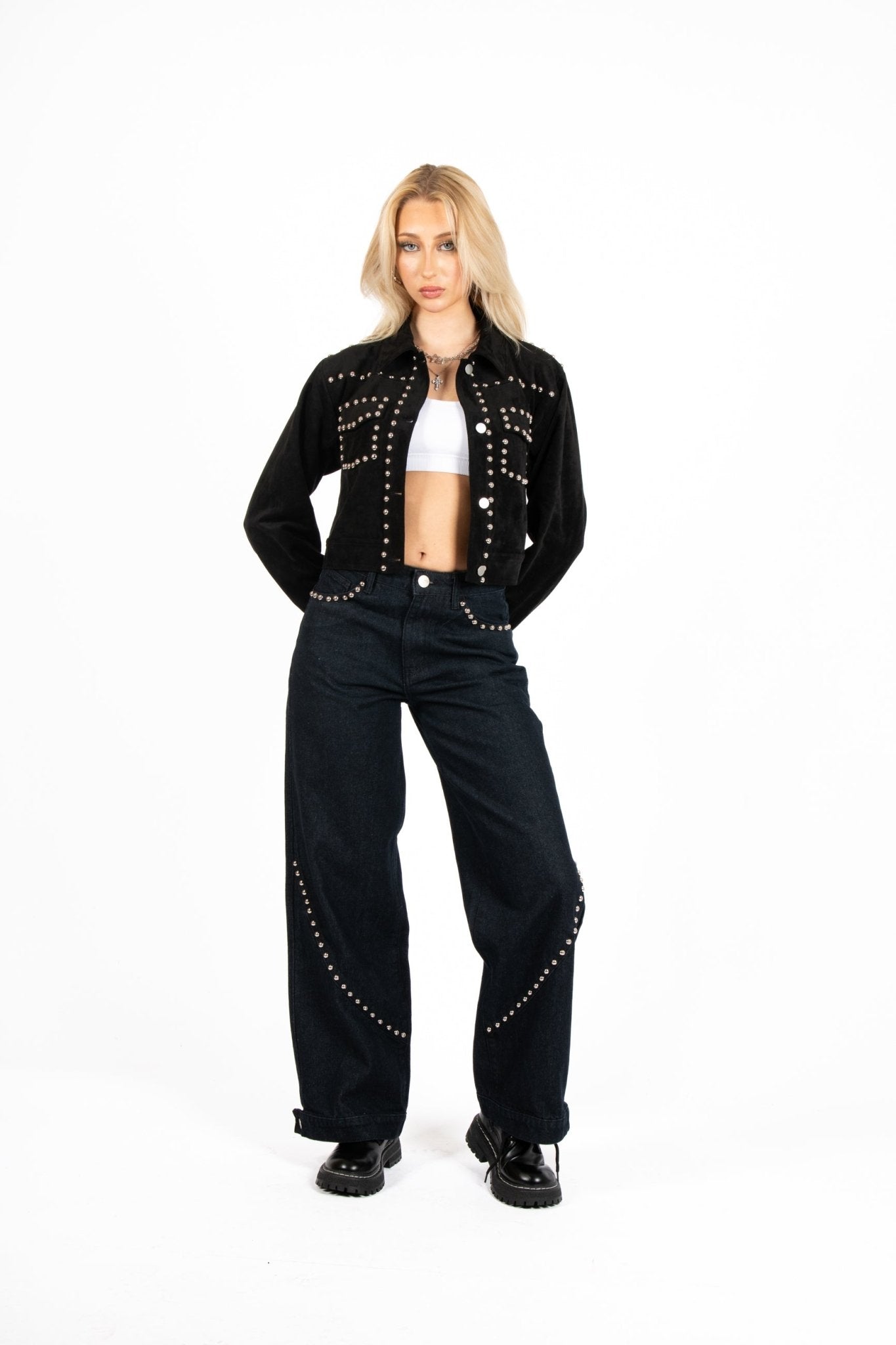 Liquor N Poker Black Suede Stud Detail Crop Jacket – Lightweight Layering - Liquor n Poker