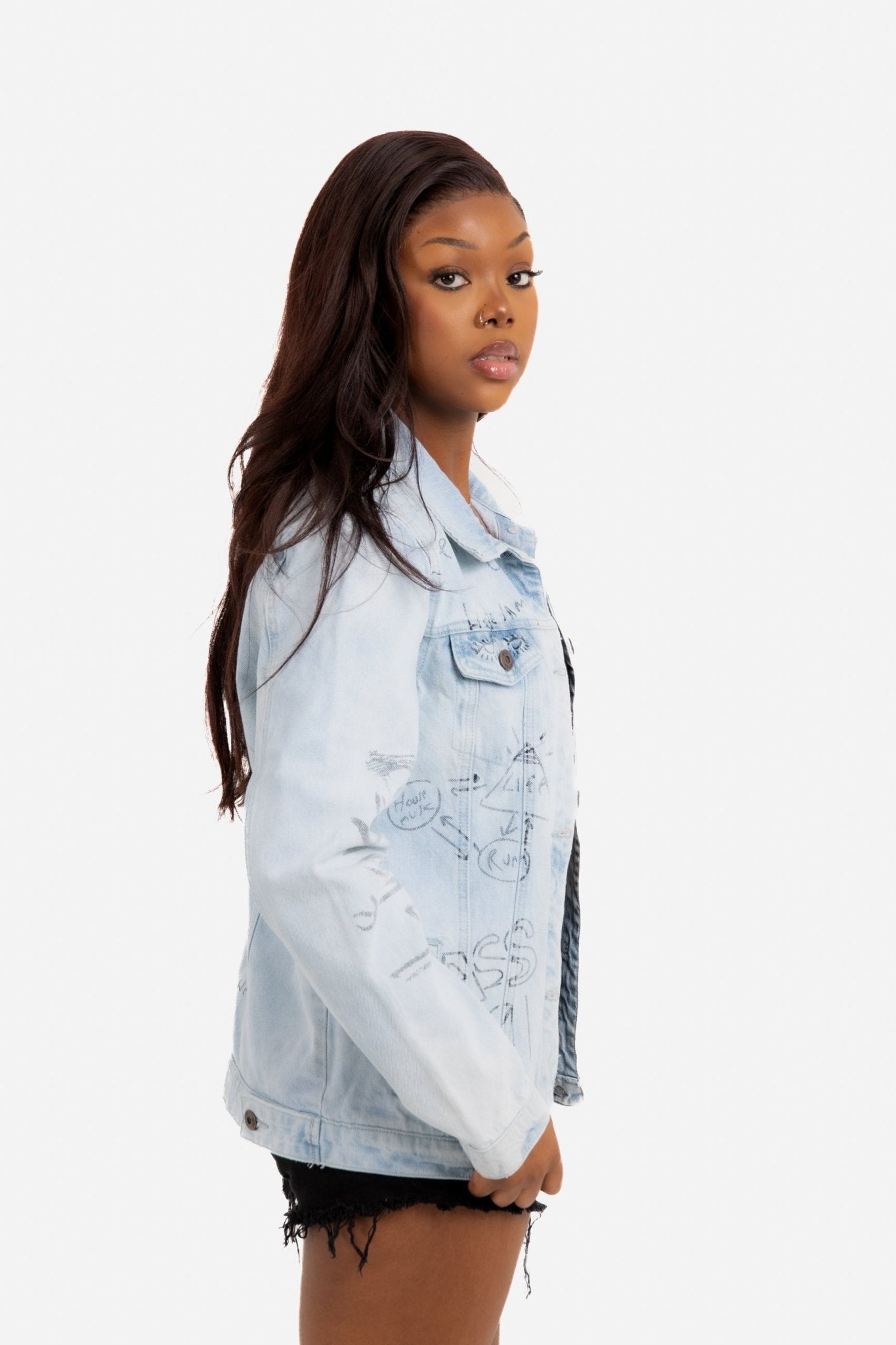 Liquor N Poker Boyfriend Fit Denim Jacket With Graffiti Illustration - Liquor n Poker