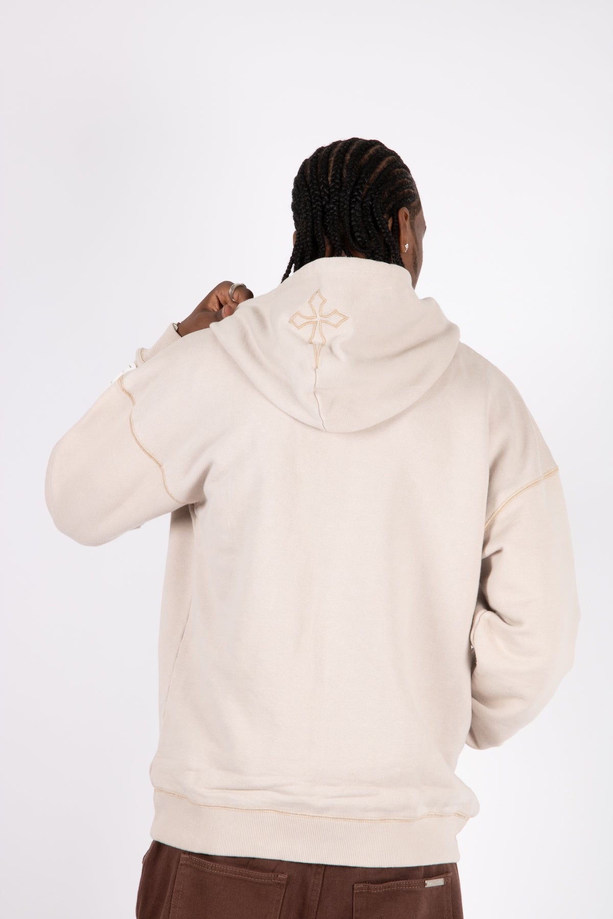 Liquor N Poker Oversized Graphic Motif Two Way Zip Hoodie Beige - Liquor n Poker