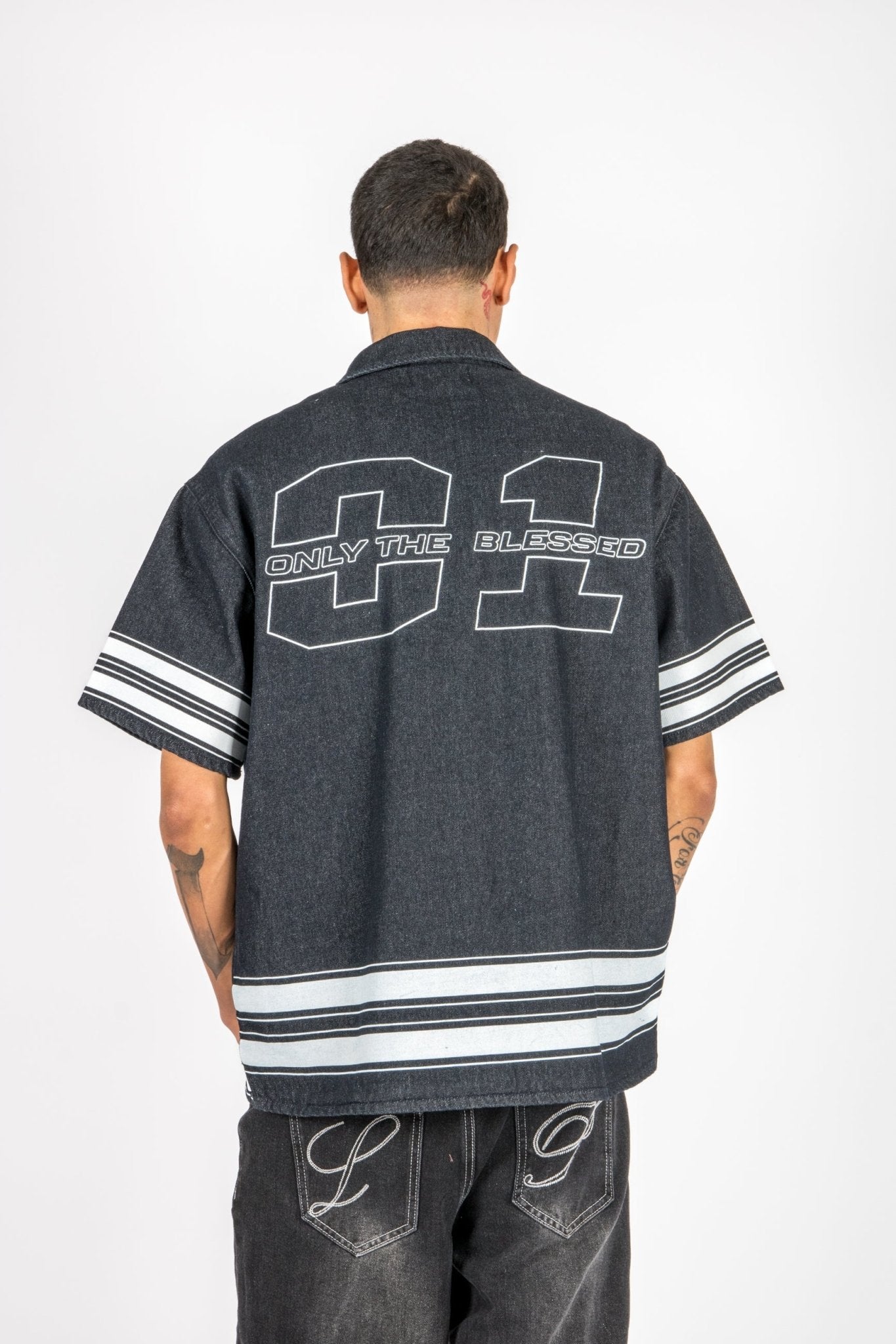 Liquor N Poker Oversized Varsity Shirt Raw Denim - Liquor n Poker
