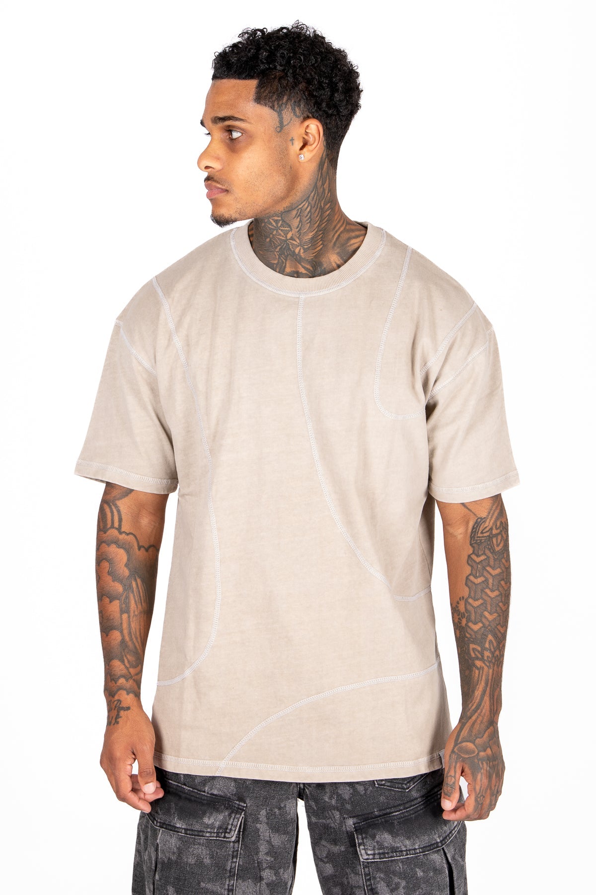 Liquor N Poker Raw Edge Emblem Relaxed Fit T-Shirt Beige - Liquor n Poker