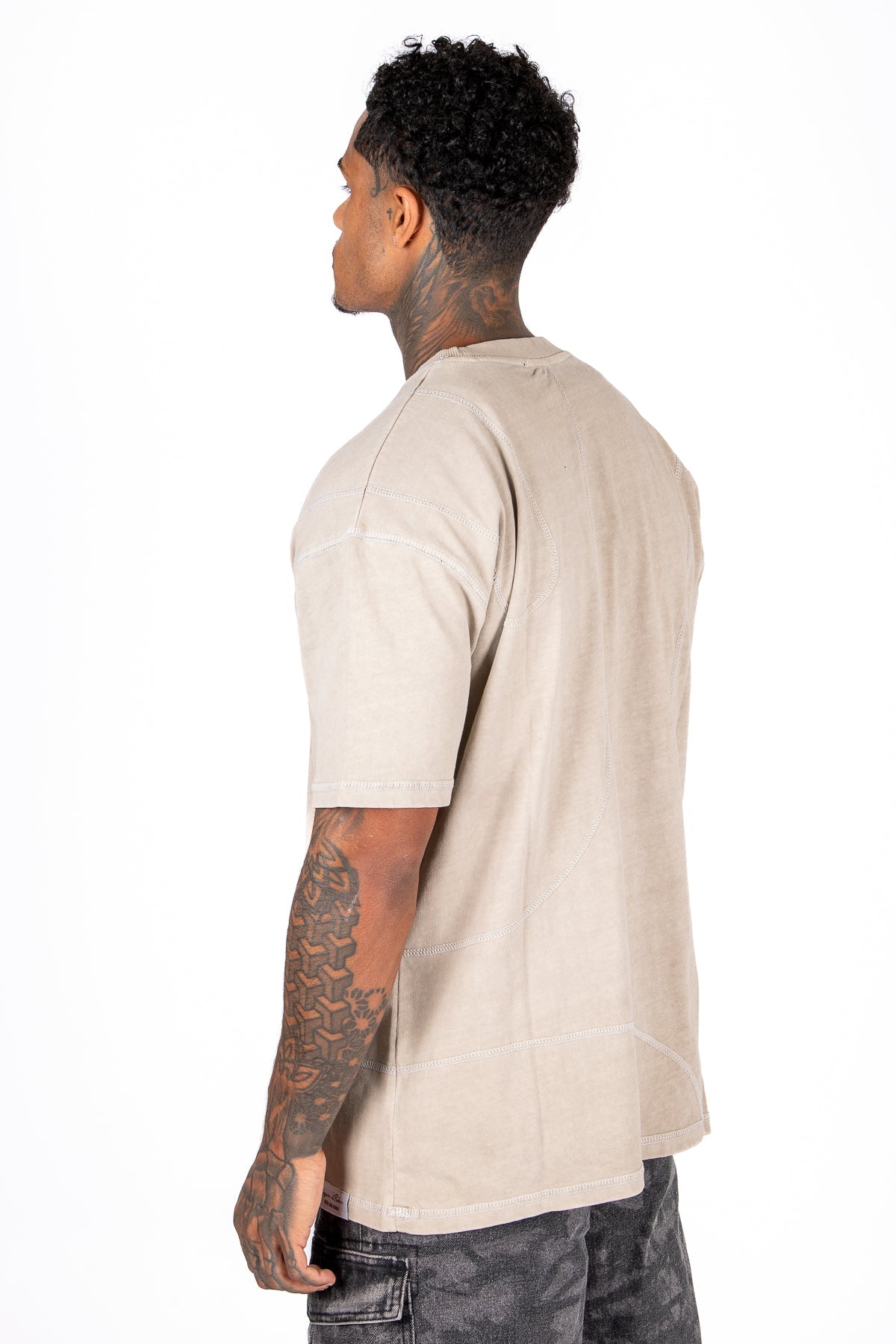 Liquor N Poker Raw Edge Emblem Relaxed Fit T-Shirt Beige - Liquor n Poker