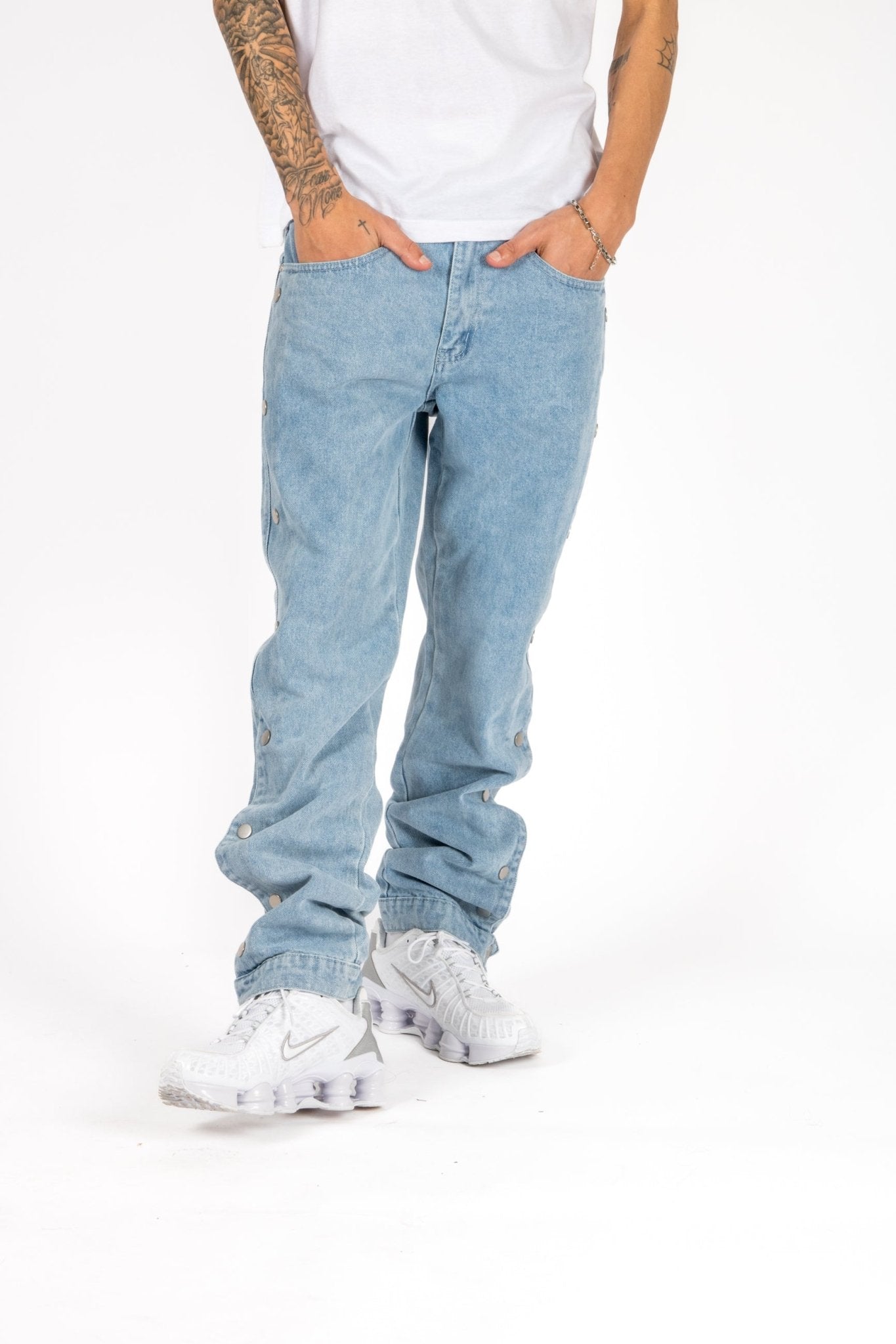 Liquor N Poker Stonewash Popper Detail Straight Leg Jeans - Liquor n Poker