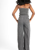 Liquor N Poker Washed Black Utility Carpenter Banded Denim Jumpsuit - Liquor n Poker