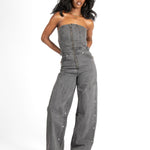 Liquor N Poker Washed Black Utility Carpenter Banded Denim Jumpsuit - Liquor n Poker