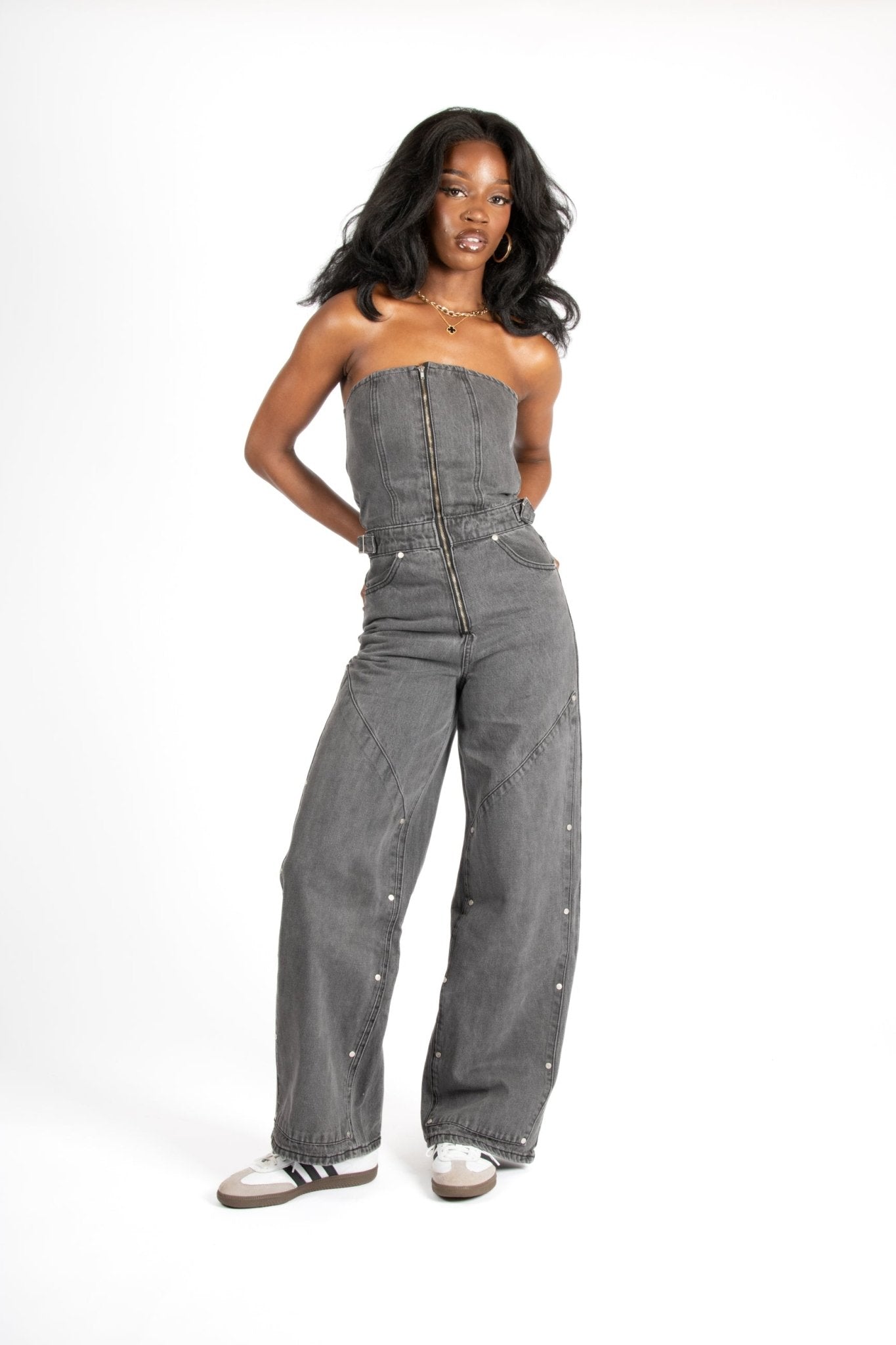 Liquor N Poker Washed Black Utility Carpenter Banded Denim Jumpsuit - Liquor n Poker