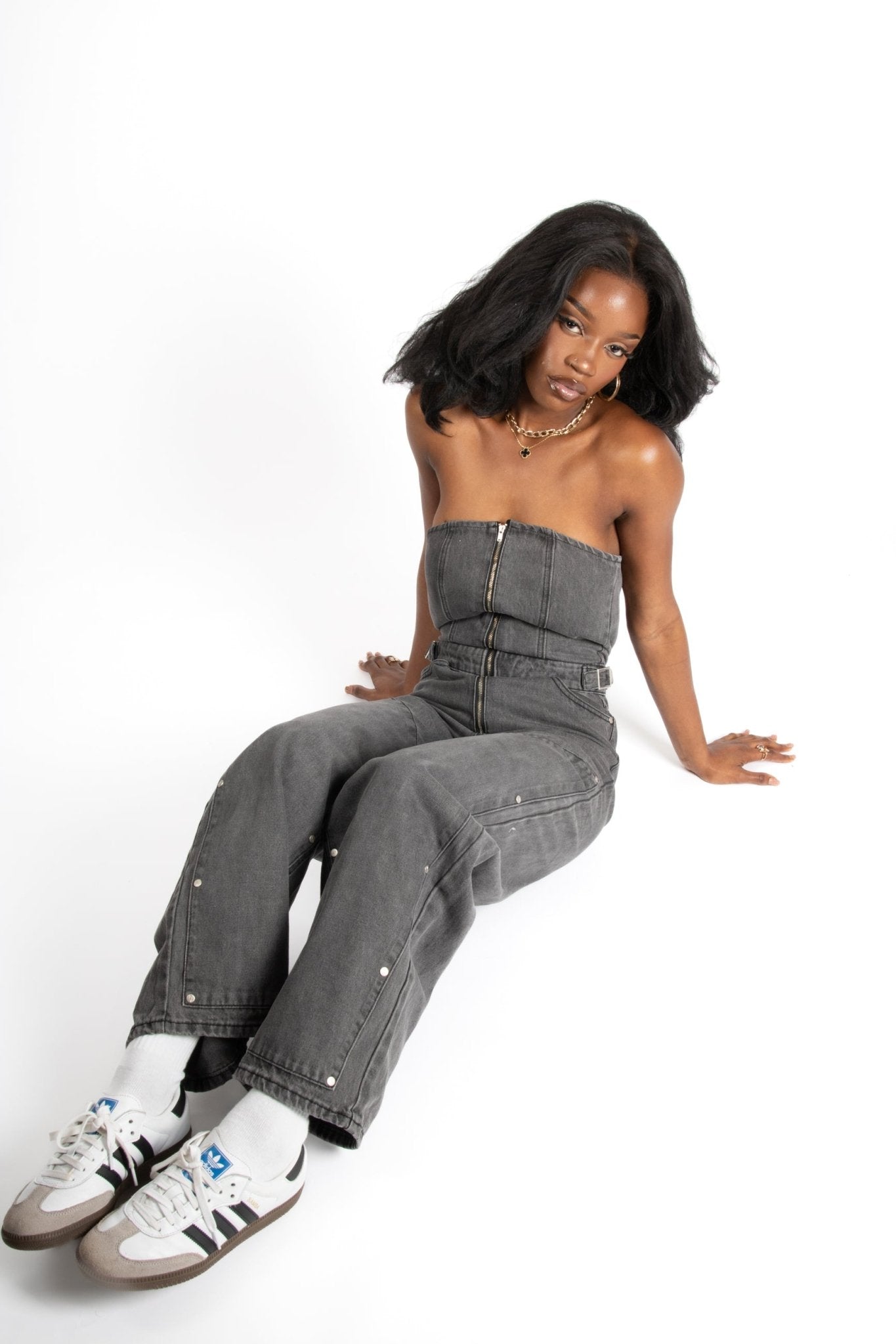 Liquor N Poker Washed Black Utility Carpenter Banded Denim Jumpsuit - Liquor n Poker