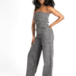 Liquor N Poker Washed Black Utility Carpenter Banded Denim Jumpsuit - Liquor n Poker