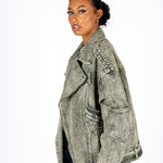 Liquor N Poker Washed Khaki Oversized Biker Denim Jacket - Liquor n Poker