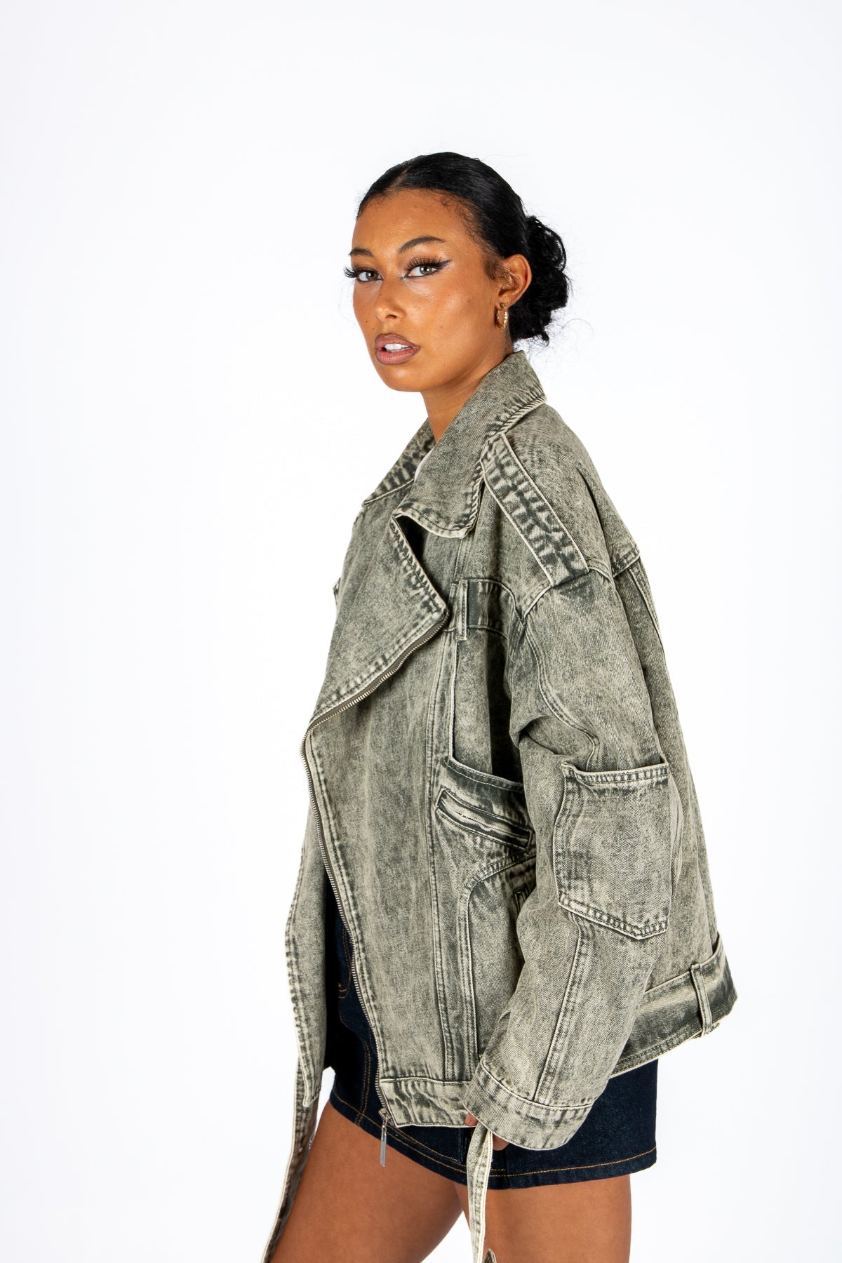 Liquor N Poker Washed Khaki Oversized Biker Denim Jacket - Liquor n Poker