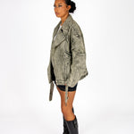 Liquor N Poker Washed Khaki Oversized Biker Denim Jacket - Liquor n Poker