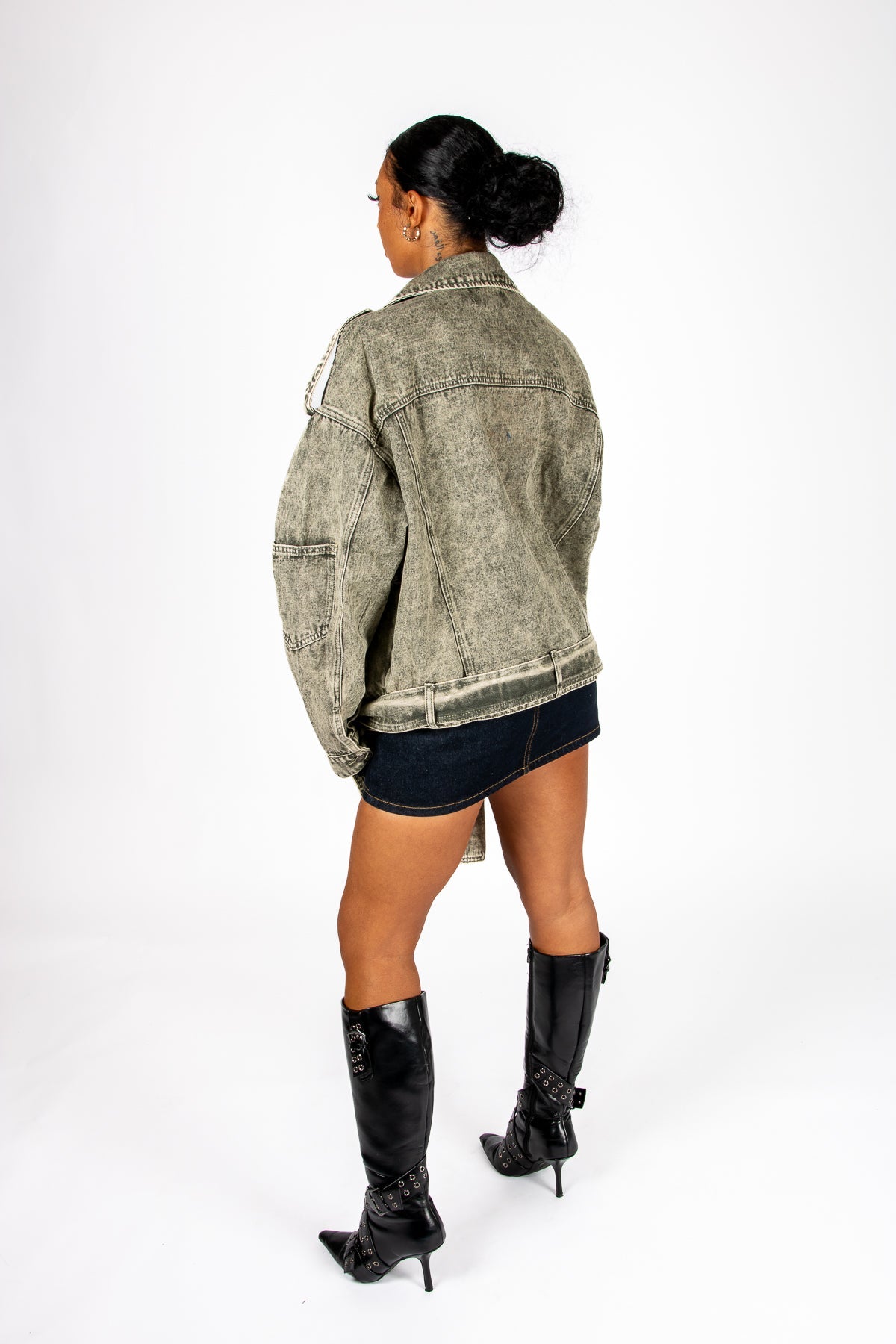 Liquor N Poker Washed Khaki Oversized Biker Denim Jacket - Liquor n Poker
