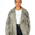 Liquor N Poker Washed Khaki Oversized Biker Denim Jacket - Liquor n Poker