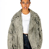 Liquor N Poker Washed Khaki Oversized Biker Denim Jacket - Liquor n Poker