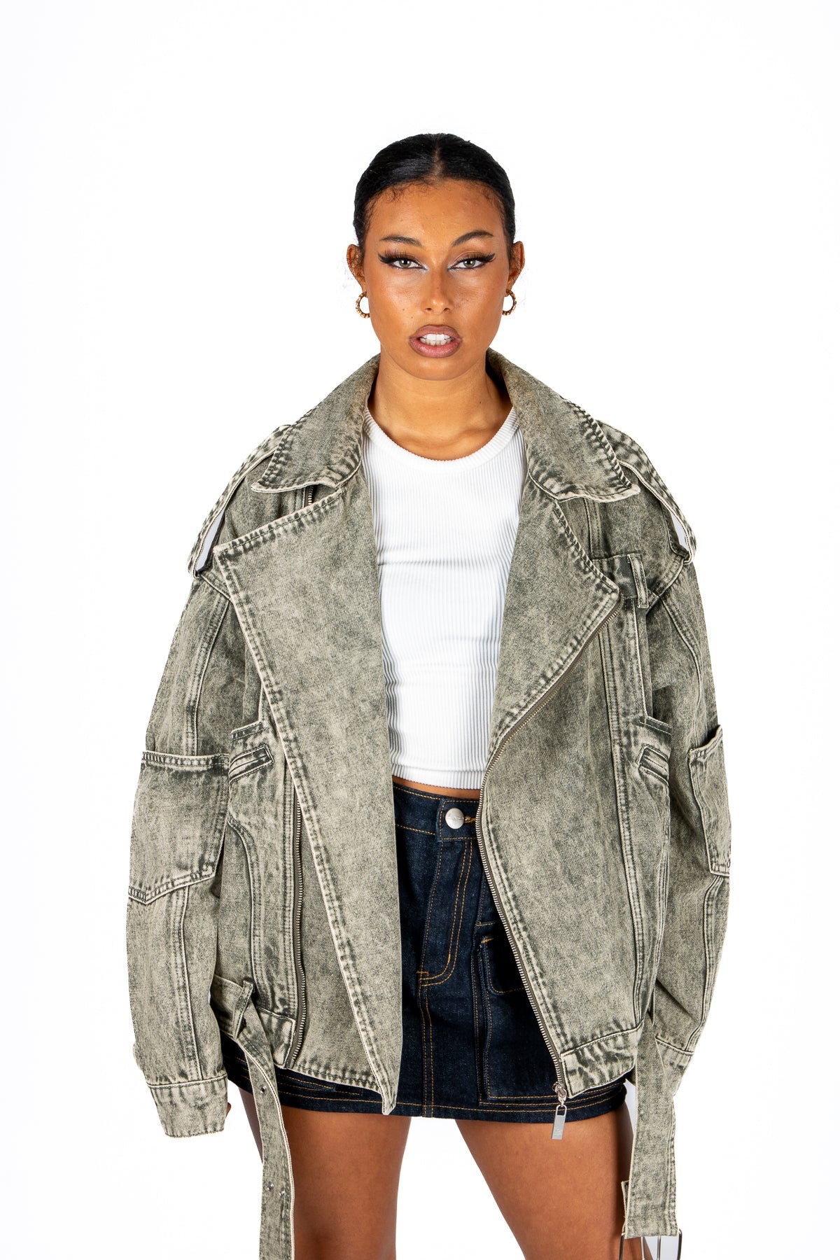 Liquor N Poker Washed Khaki Oversized Biker Denim Jacket - Liquor n Poker