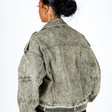 Liquor N Poker Washed Khaki Oversized Biker Denim Jacket - Liquor n Poker