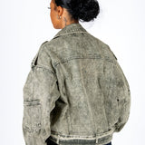 Liquor N Poker Washed Khaki Oversized Biker Denim Jacket - Liquor n Poker