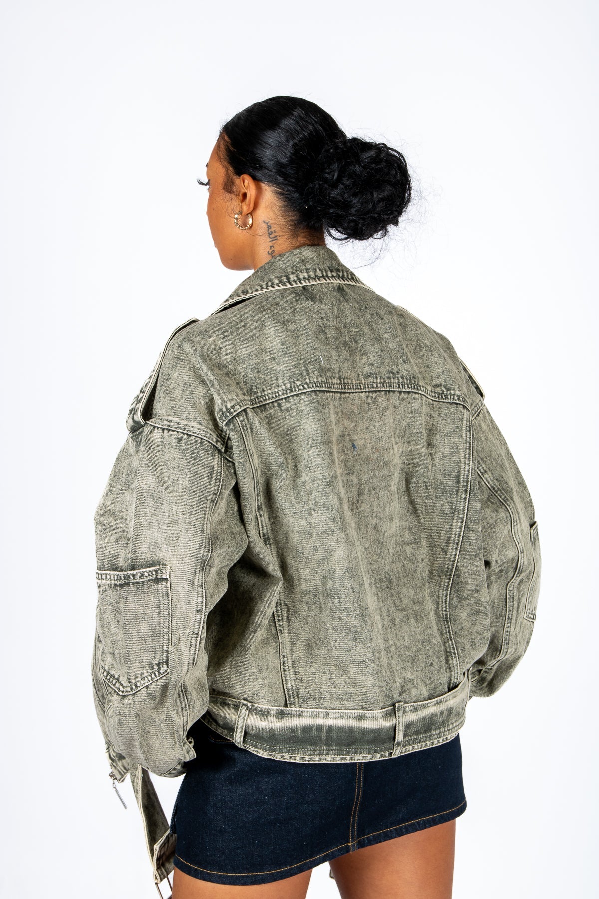Liquor N Poker Washed Khaki Oversized Biker Denim Jacket - Liquor n Poker