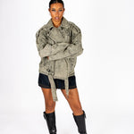 Liquor N Poker Washed Khaki Oversized Biker Denim Jacket - Liquor n Poker