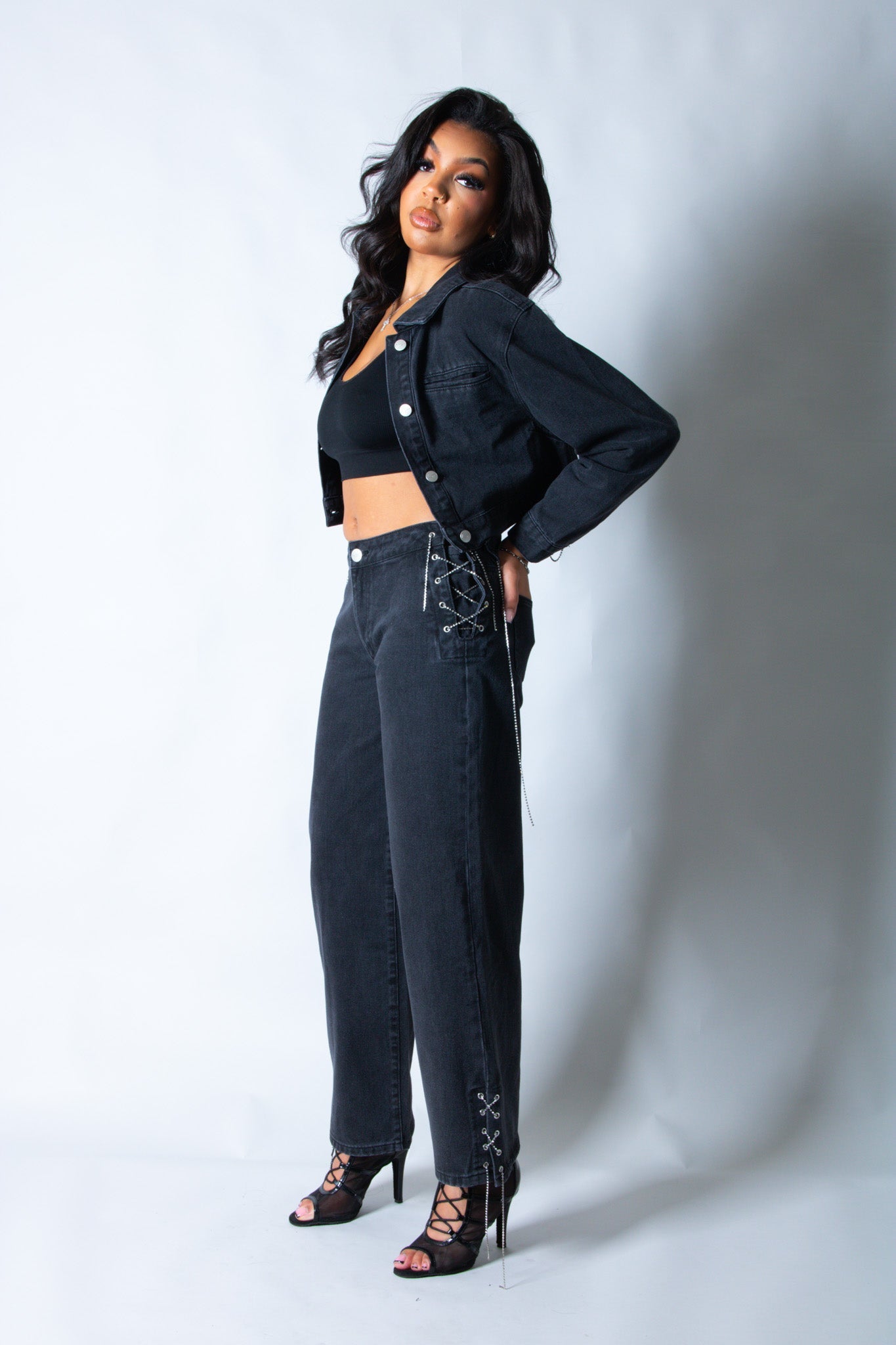 LNP baggy chain detail jean in black - Liquor n Poker