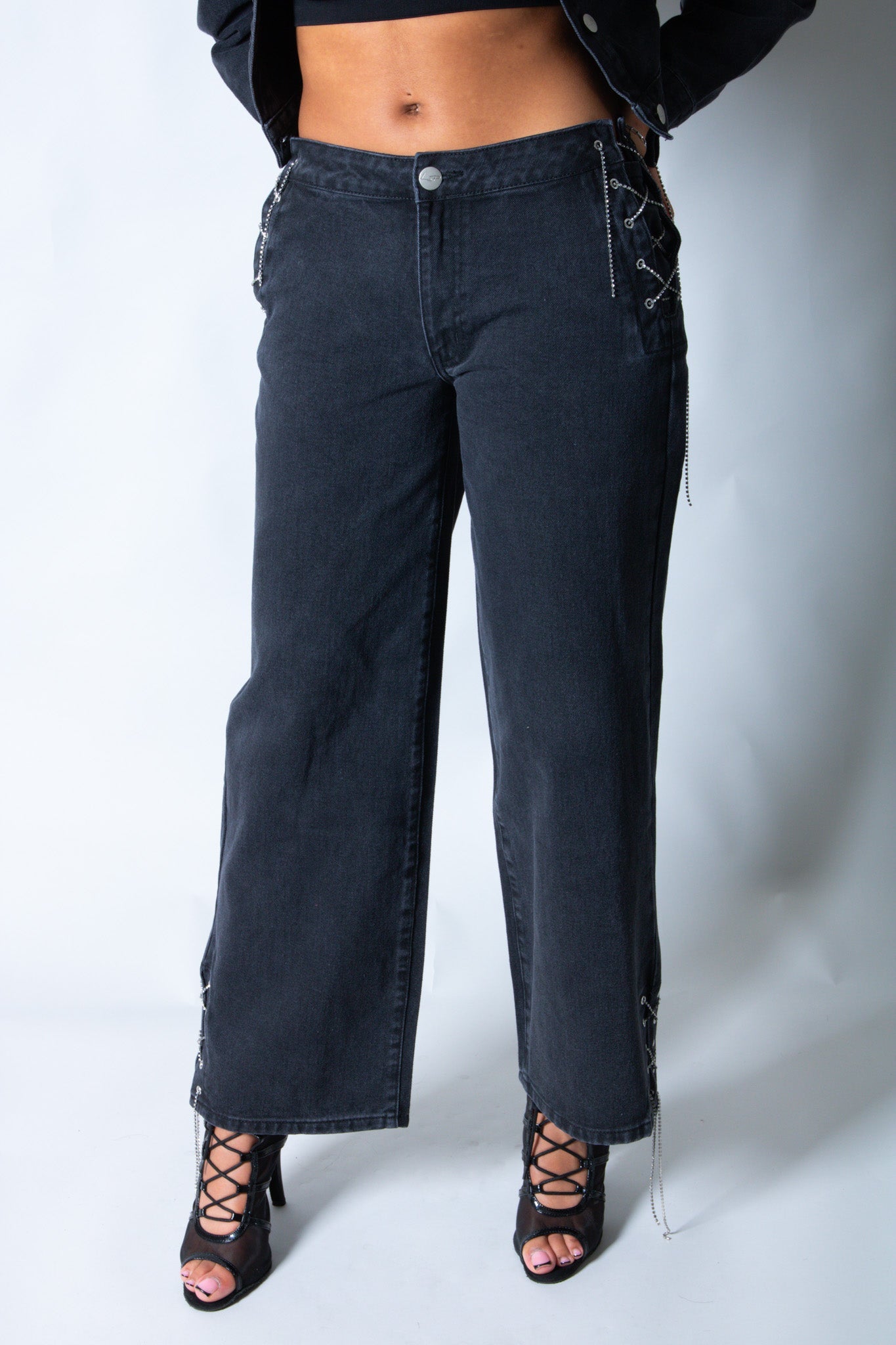 LNP baggy chain detail jean in black - Liquor n Poker