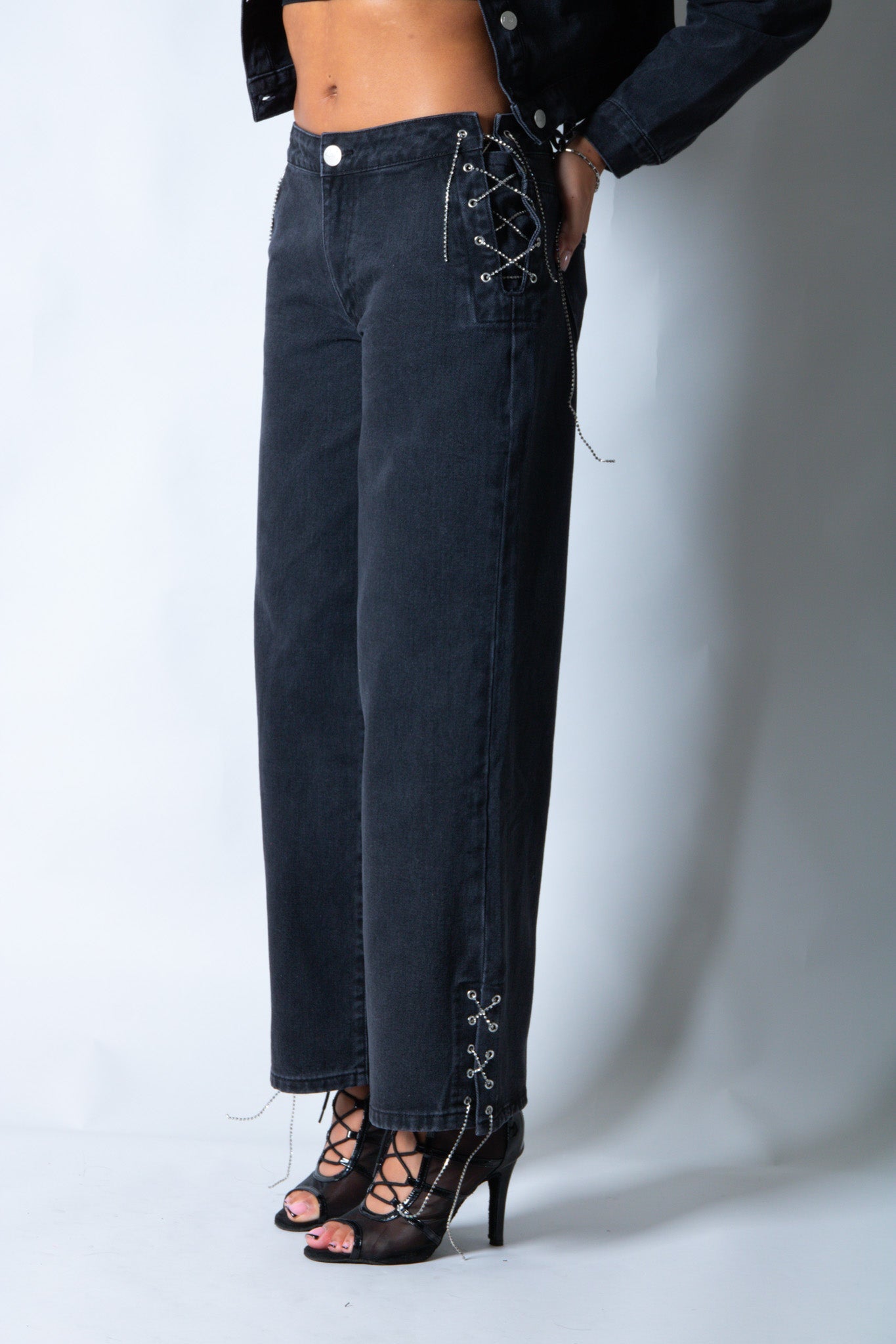 LNP baggy chain detail jean in black - Liquor n Poker