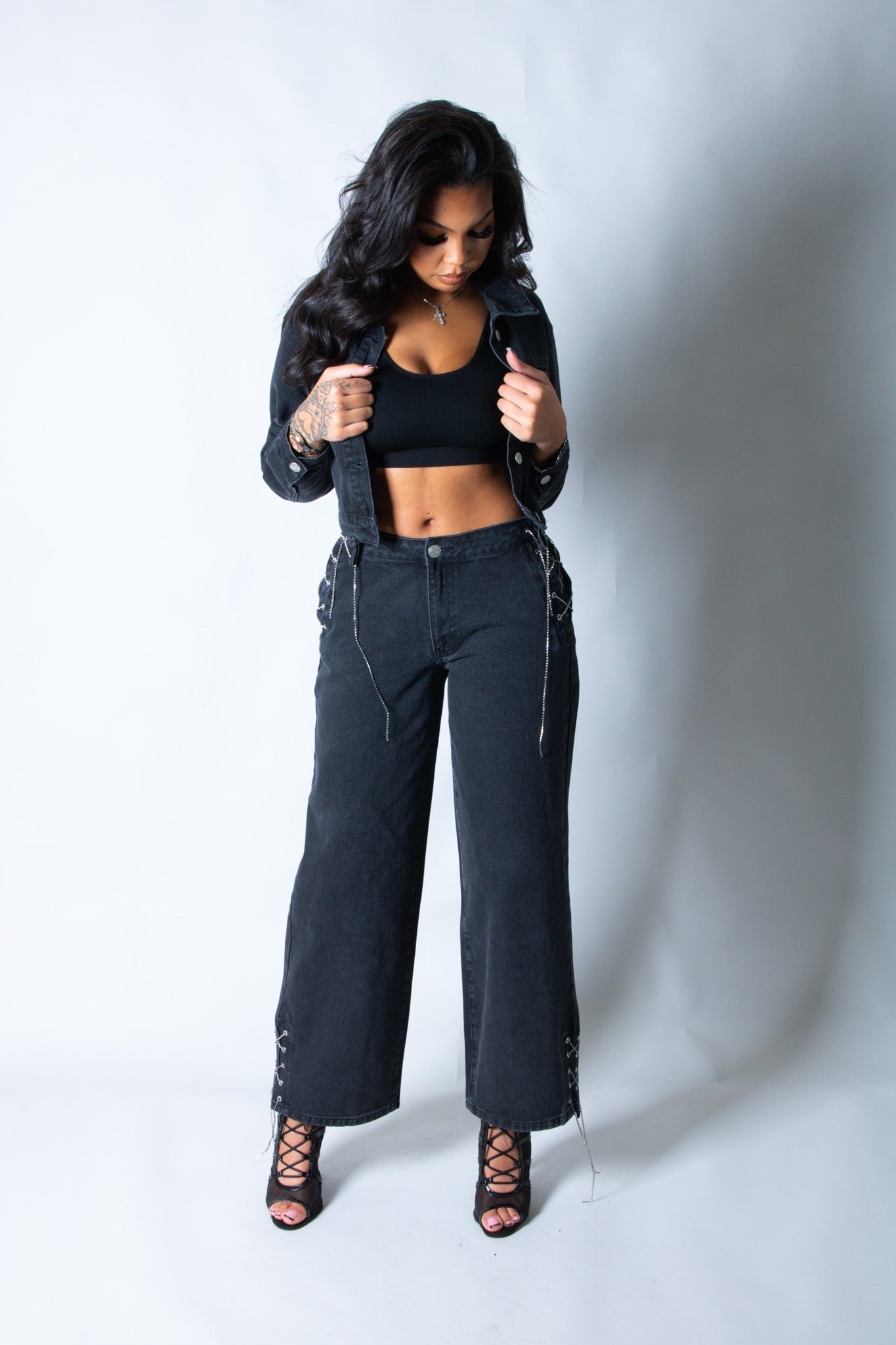 LNP baggy chain detail jean in black - Liquor n Poker