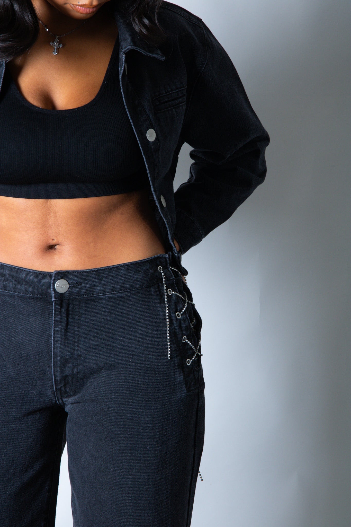 LNP baggy chain detail jean in black - Liquor n Poker