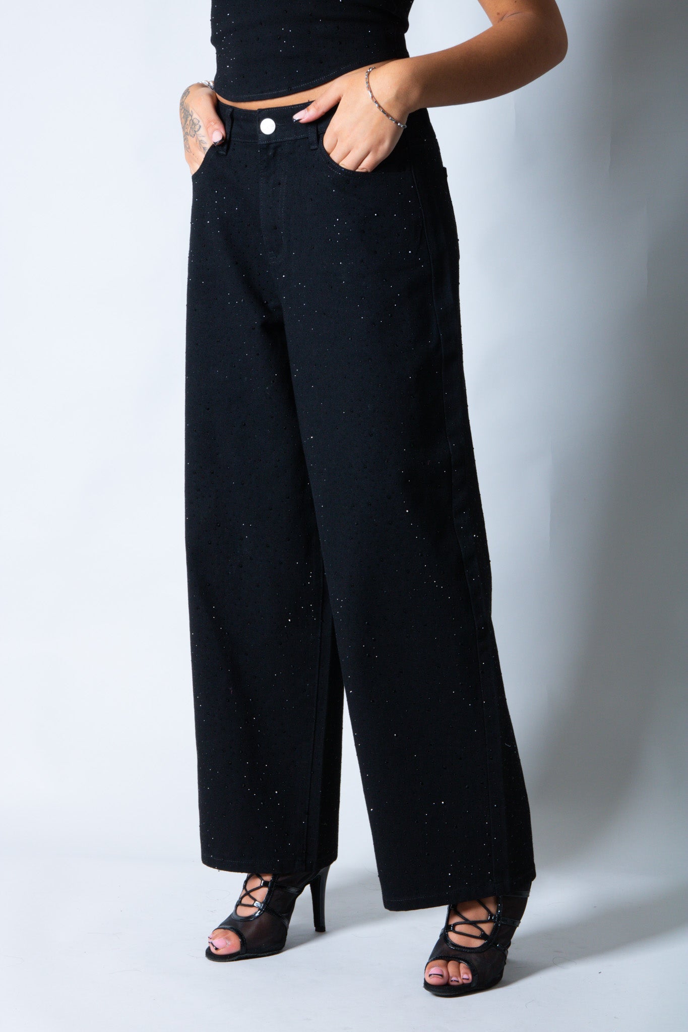 LNP Balloon Leg Low Rise Embellished Jean In Black - Liquor n Poker