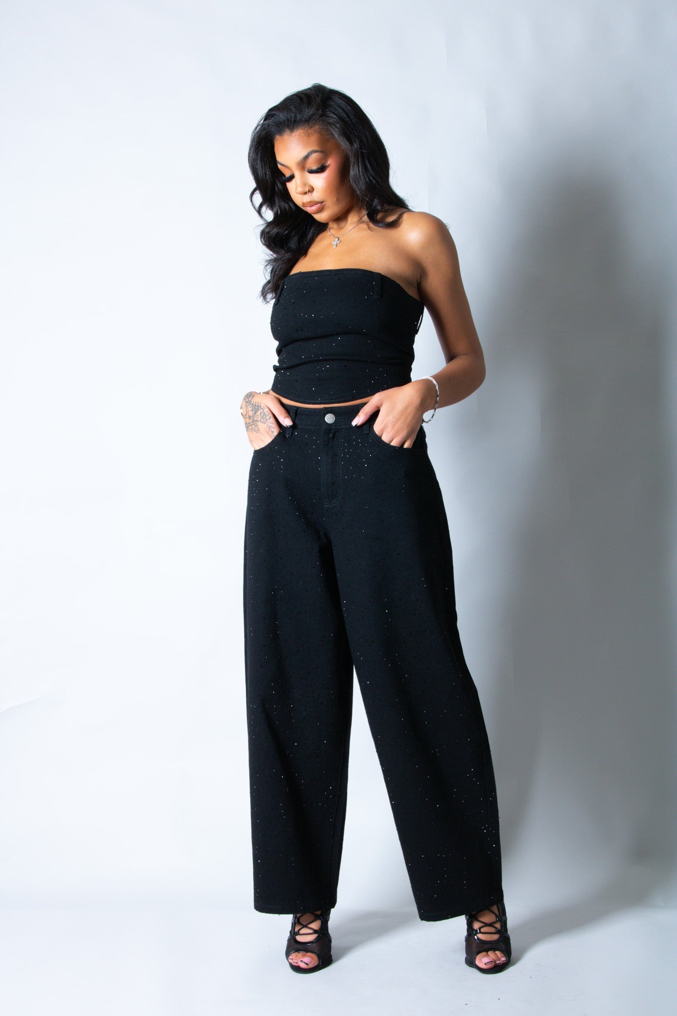 LNP Balloon Leg Low Rise Embellished Jean In Black - Liquor n Poker