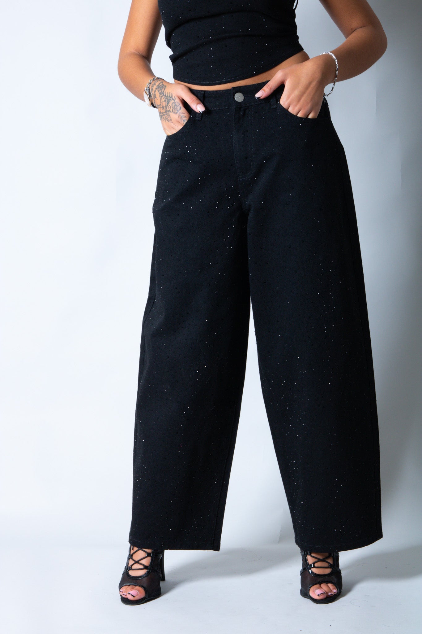 LNP Balloon Leg Low Rise Embellished Jean In Black - Liquor n Poker