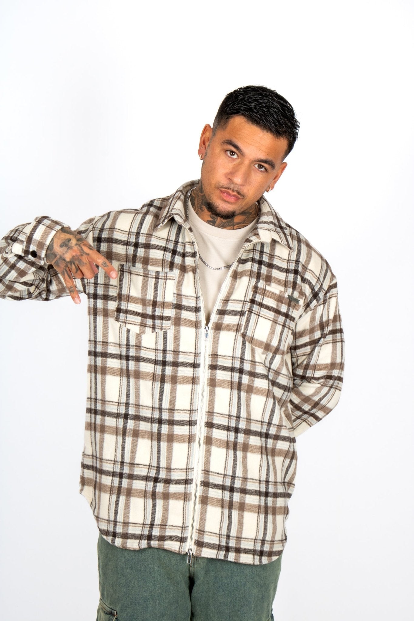 LNP BEIGE ZIP - UP FLANNEL SHIRT - Liquor n Poker