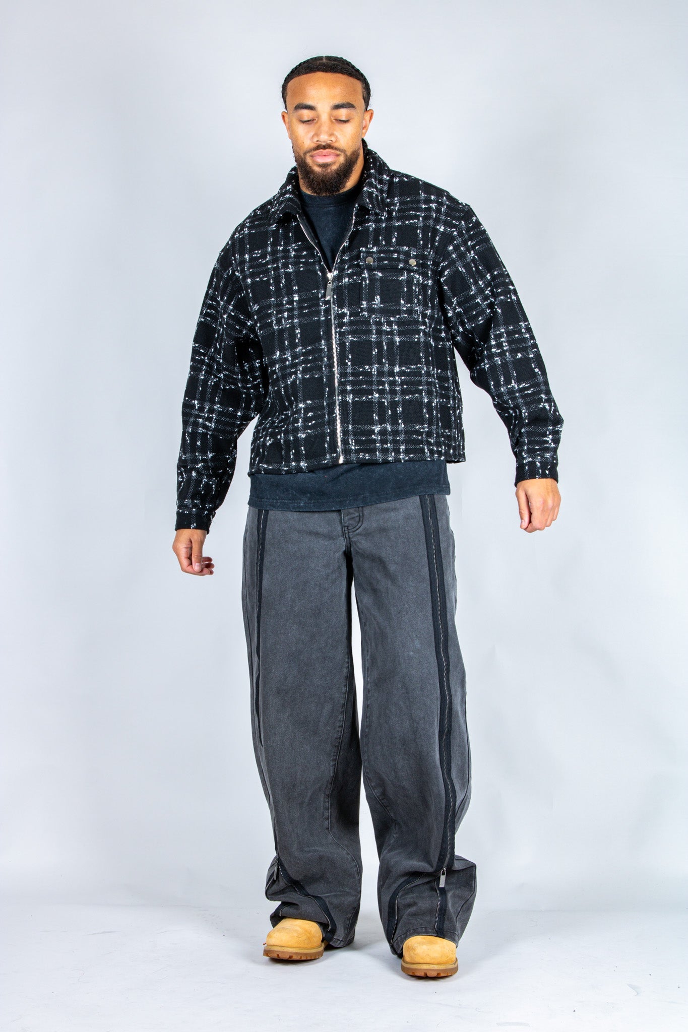 LNP black check boxy zip through shirt in boucle - Liquor n Poker