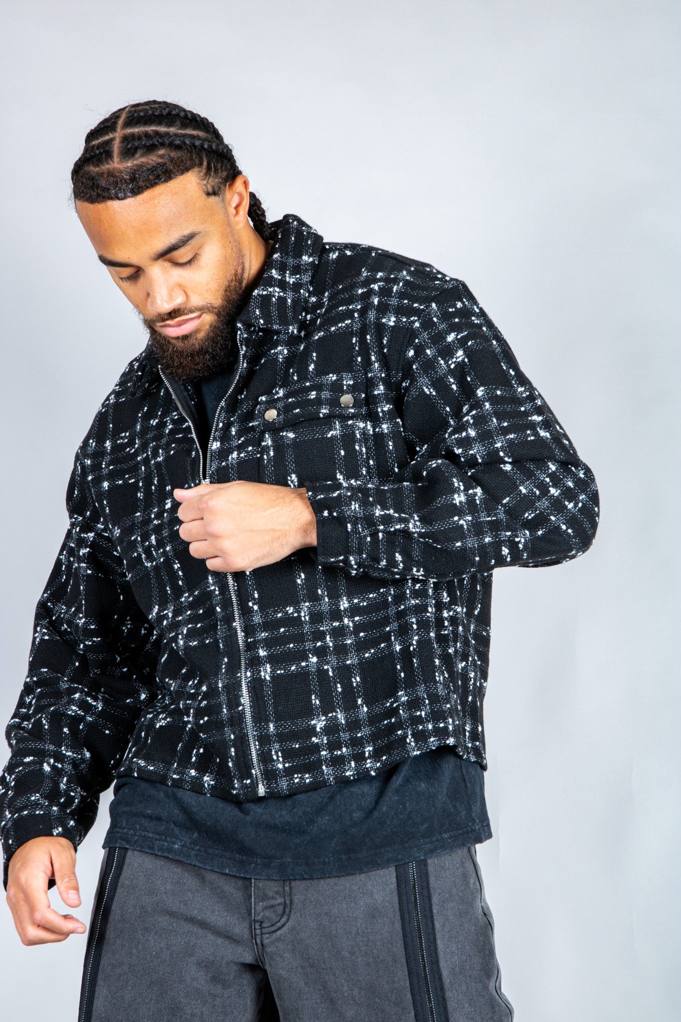 LNP black check boxy zip through shirt in boucle - Liquor n Poker