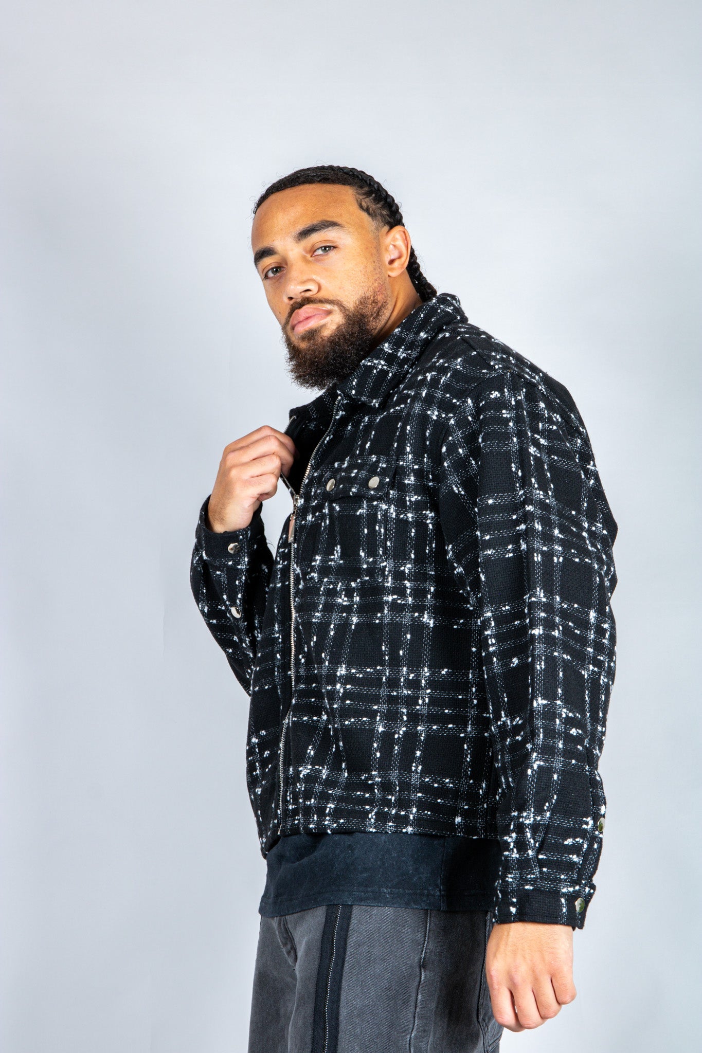 LNP black check boxy zip through shirt in boucle - Liquor n Poker