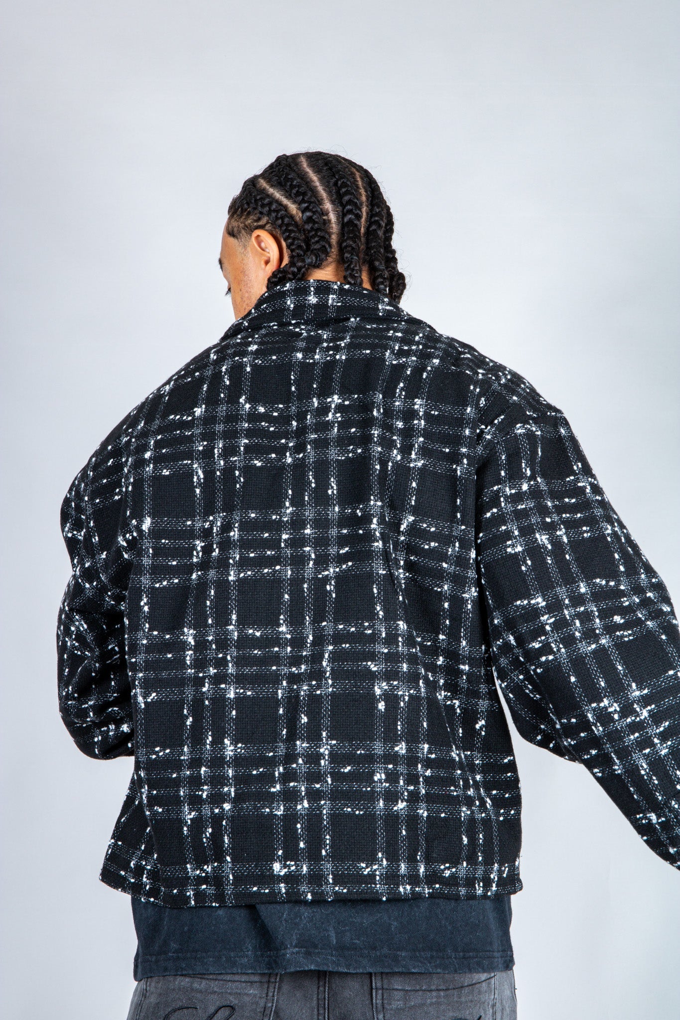 LNP black check boxy zip through shirt in boucle - Liquor n Poker