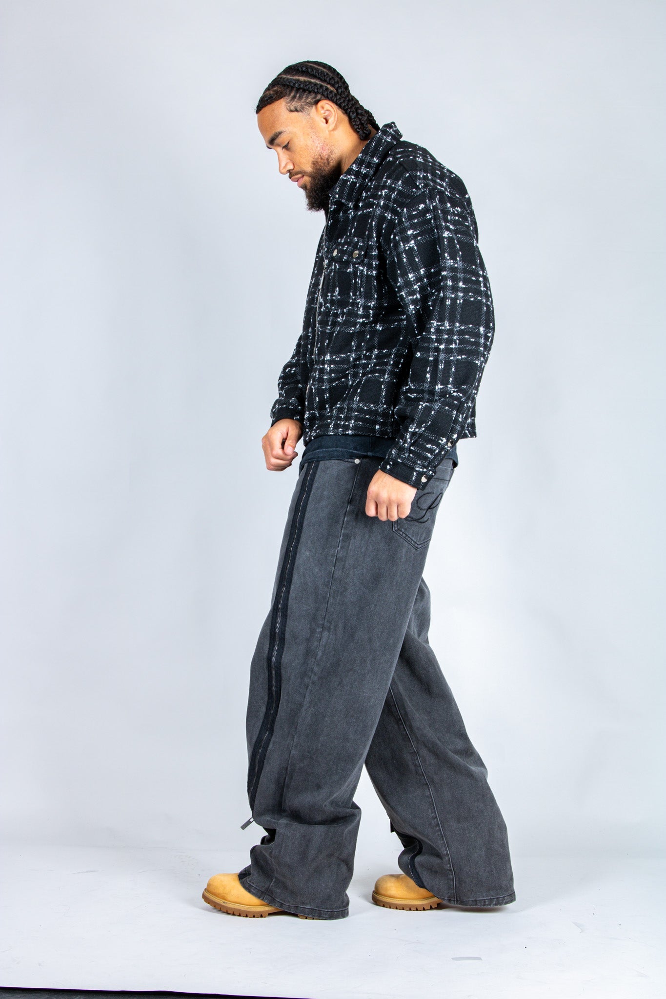 LNP black check boxy zip through shirt in boucle - Liquor n Poker