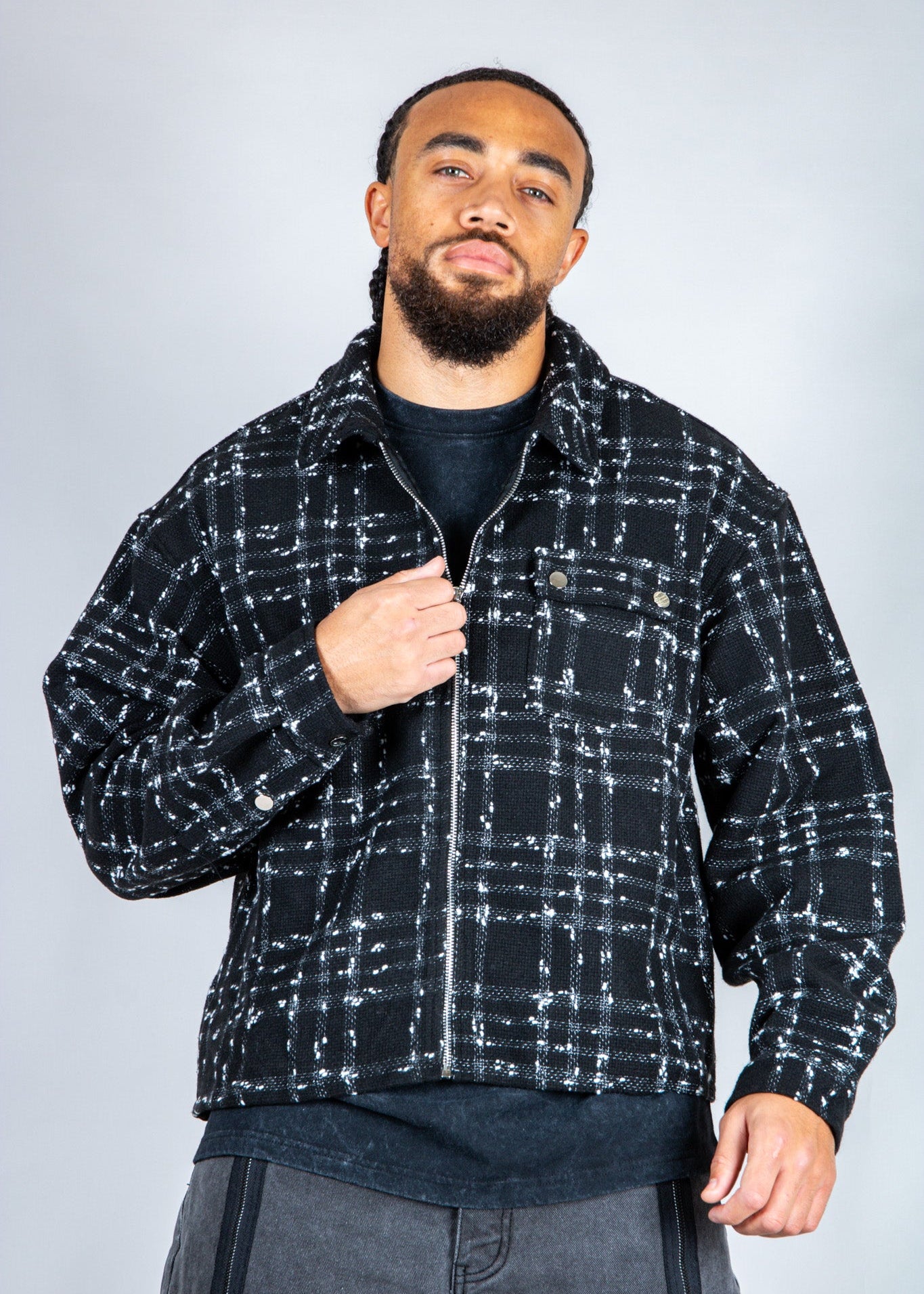 LNP black check boxy zip through shirt in boucle - Liquor n Poker