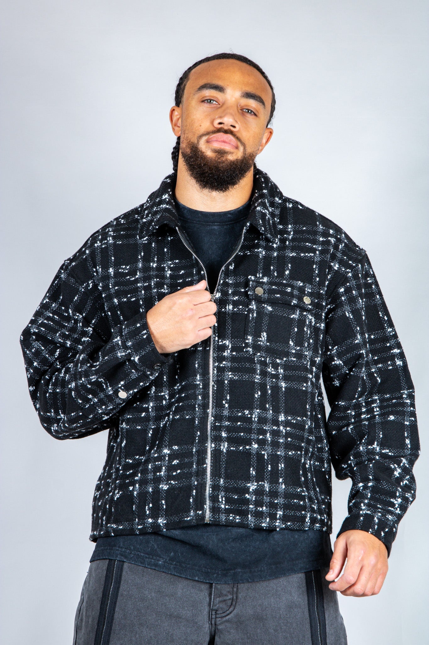 LNP black check boxy zip through shirt in boucle - Liquor n Poker