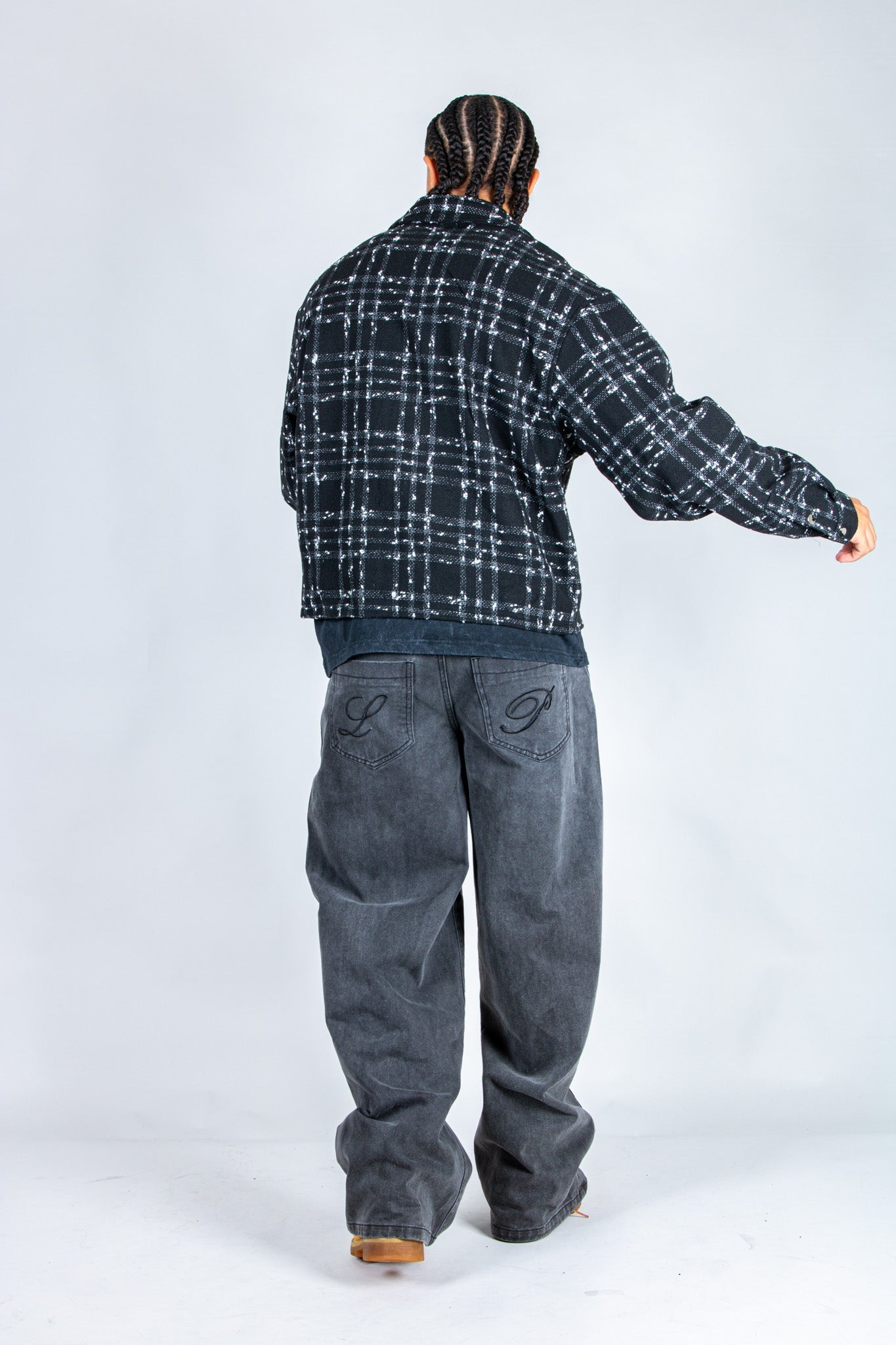 LNP black check boxy zip through shirt in boucle - Liquor n Poker