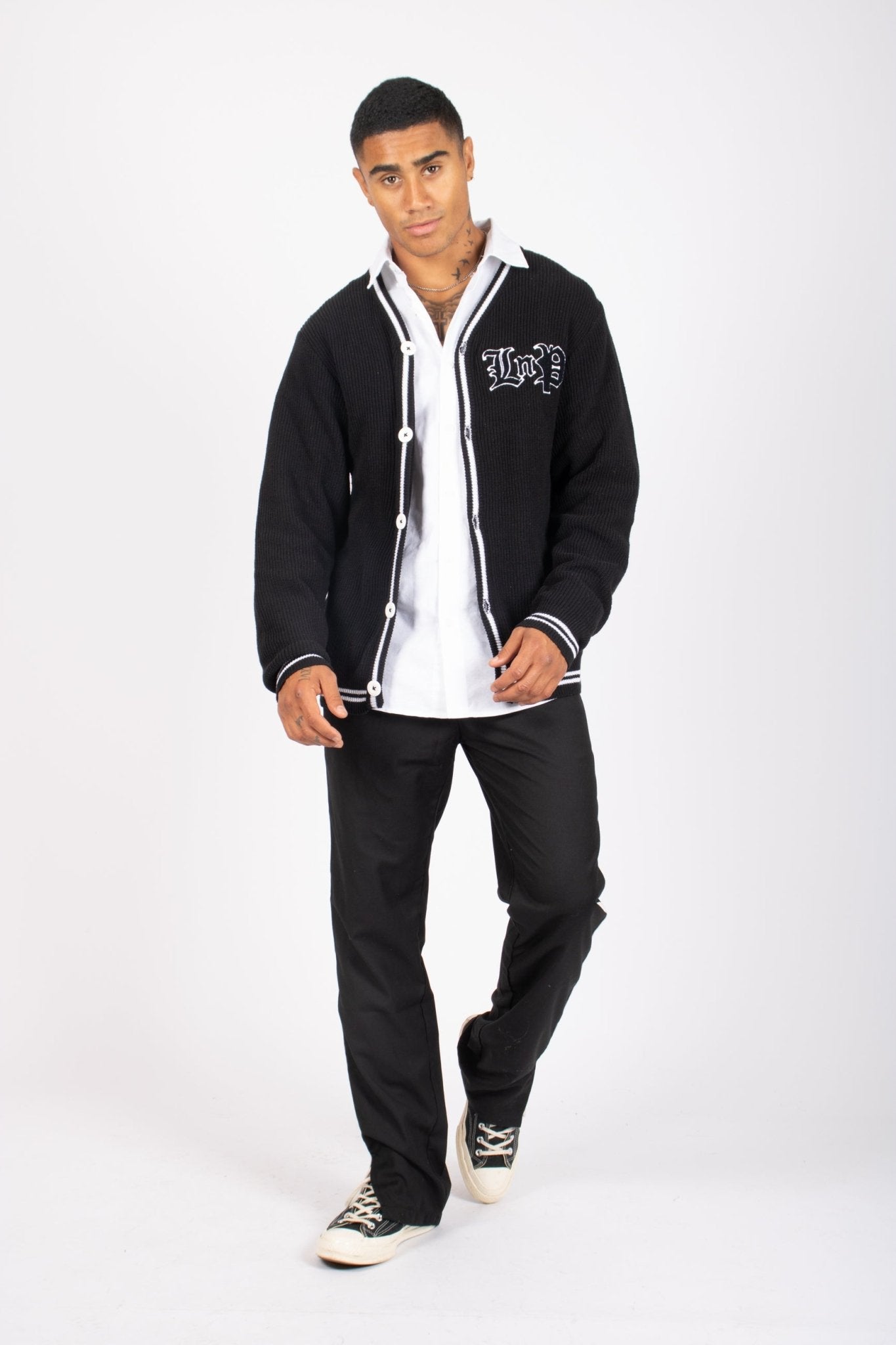 LNP BLACK VARSITY KNIT CARDIGAN - Liquor n Poker
