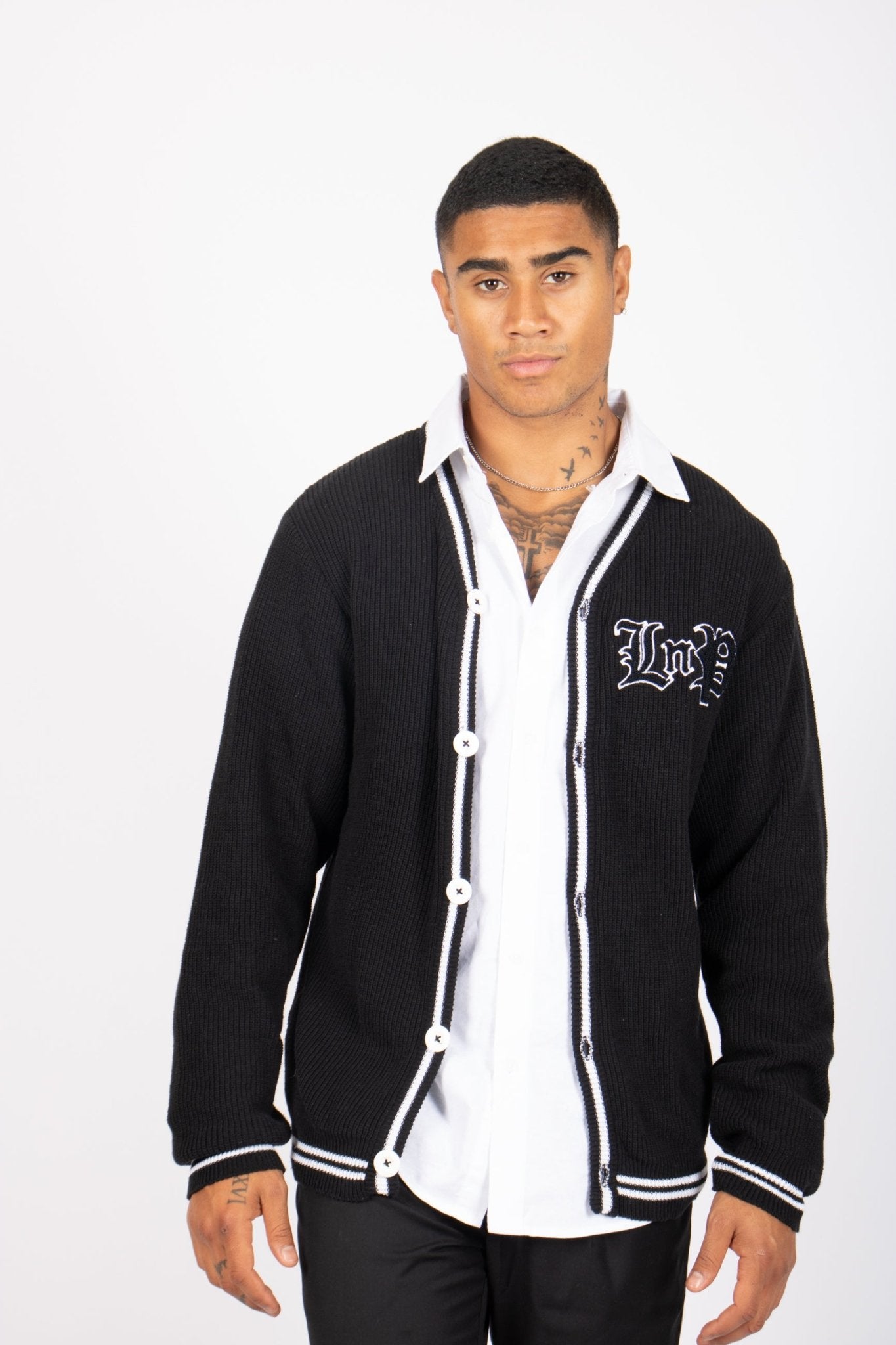 LNP BLACK VARSITY KNIT CARDIGAN - Liquor n Poker