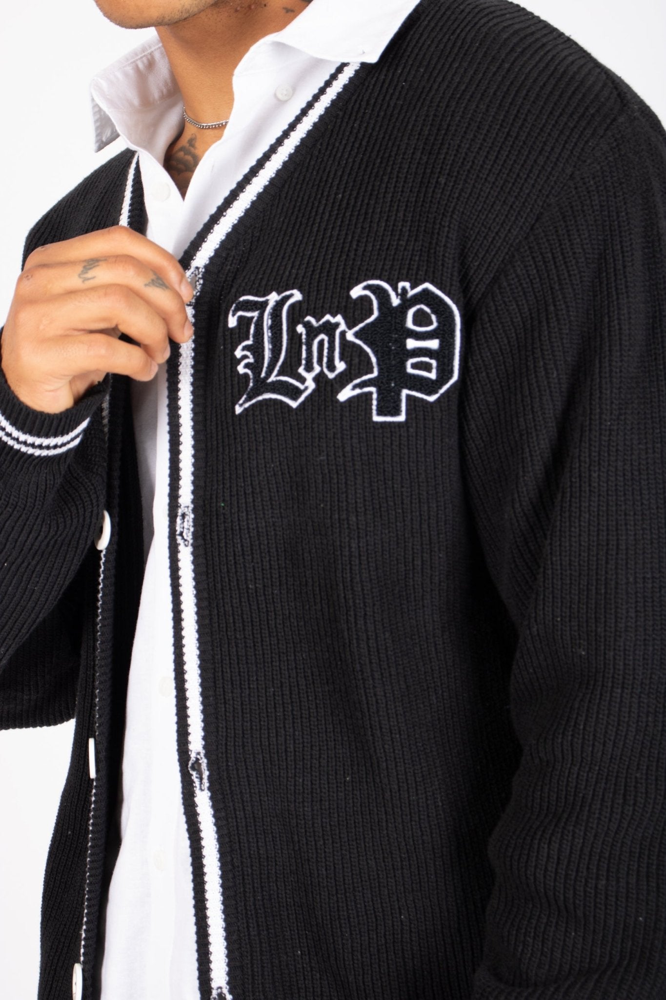 LNP BLACK VARSITY KNIT CARDIGAN - Liquor n Poker